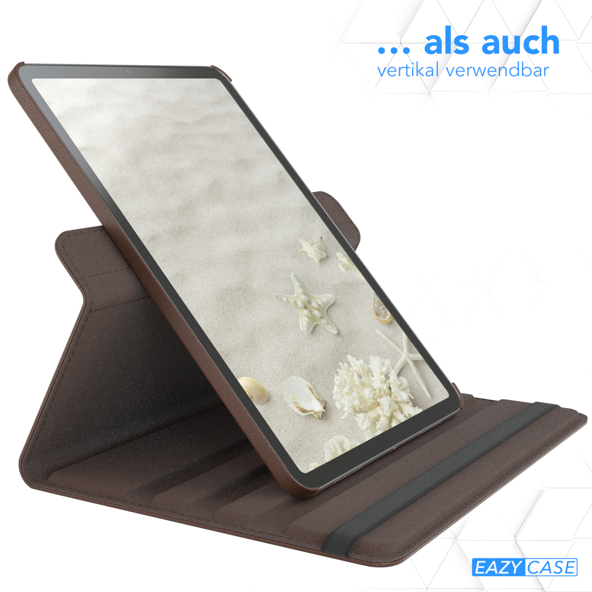 Braune Tablettasche, ein Tablet ist darin aufgestellt und zeigt eine Strandszene. Text unten.