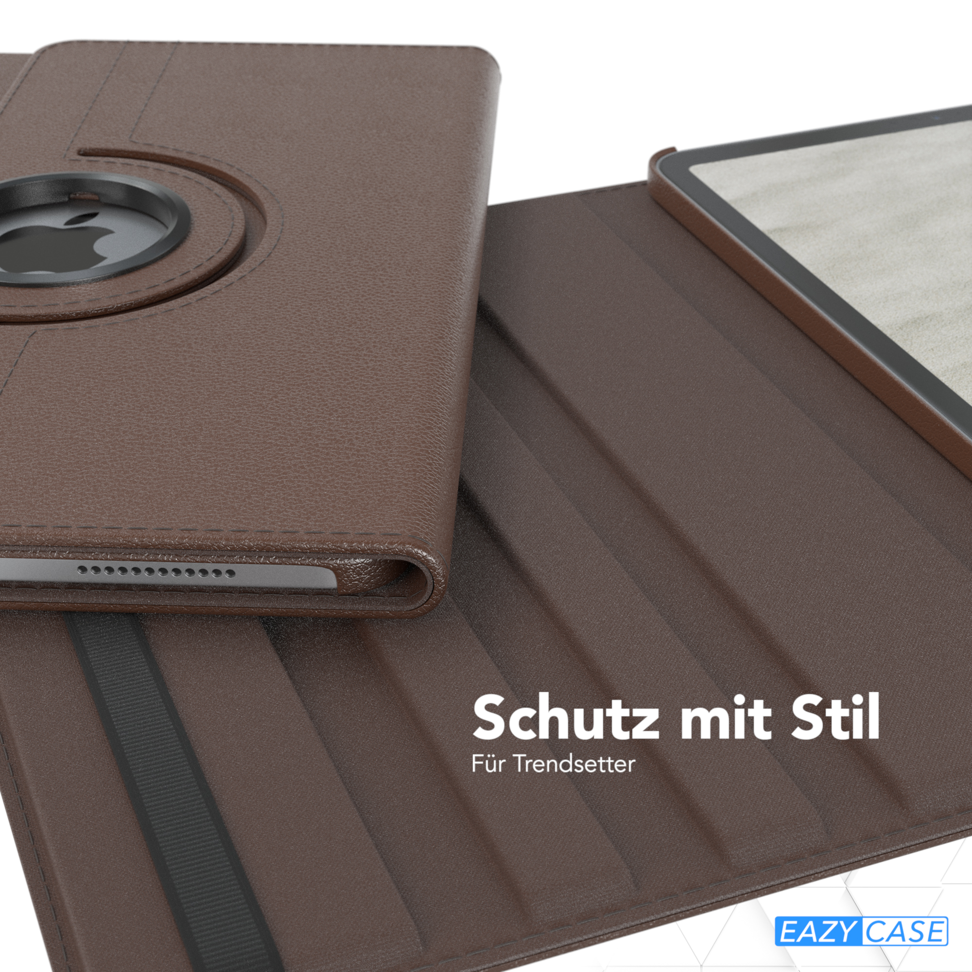 Braune Tablethülle. Die Hülle hat einen drehbaren Bereich mit einem Apple-Logo. Schwarzes Gummiband.