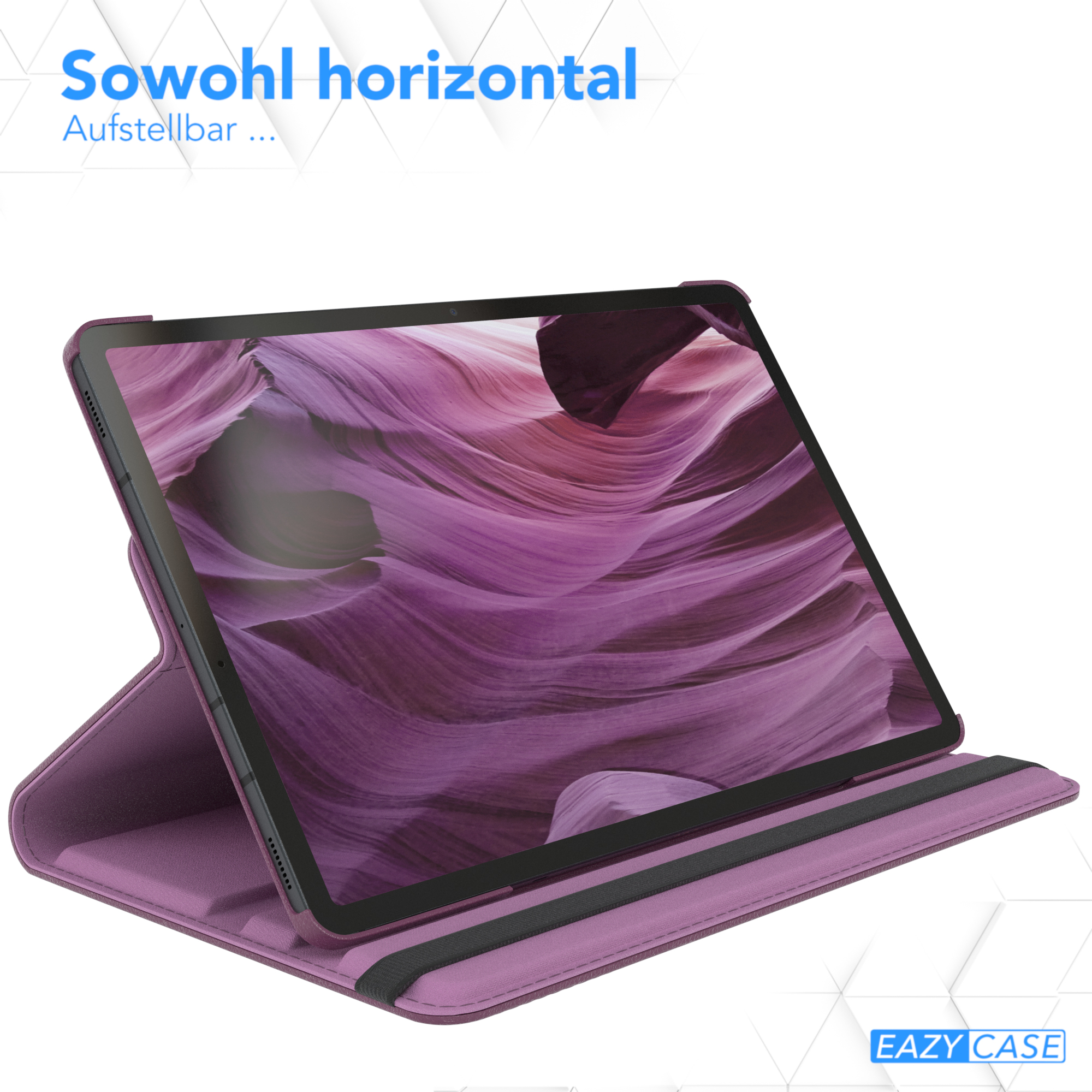 Tablet in lila Hülle, horizontal aufgestellt vor weißem Hintergrund.