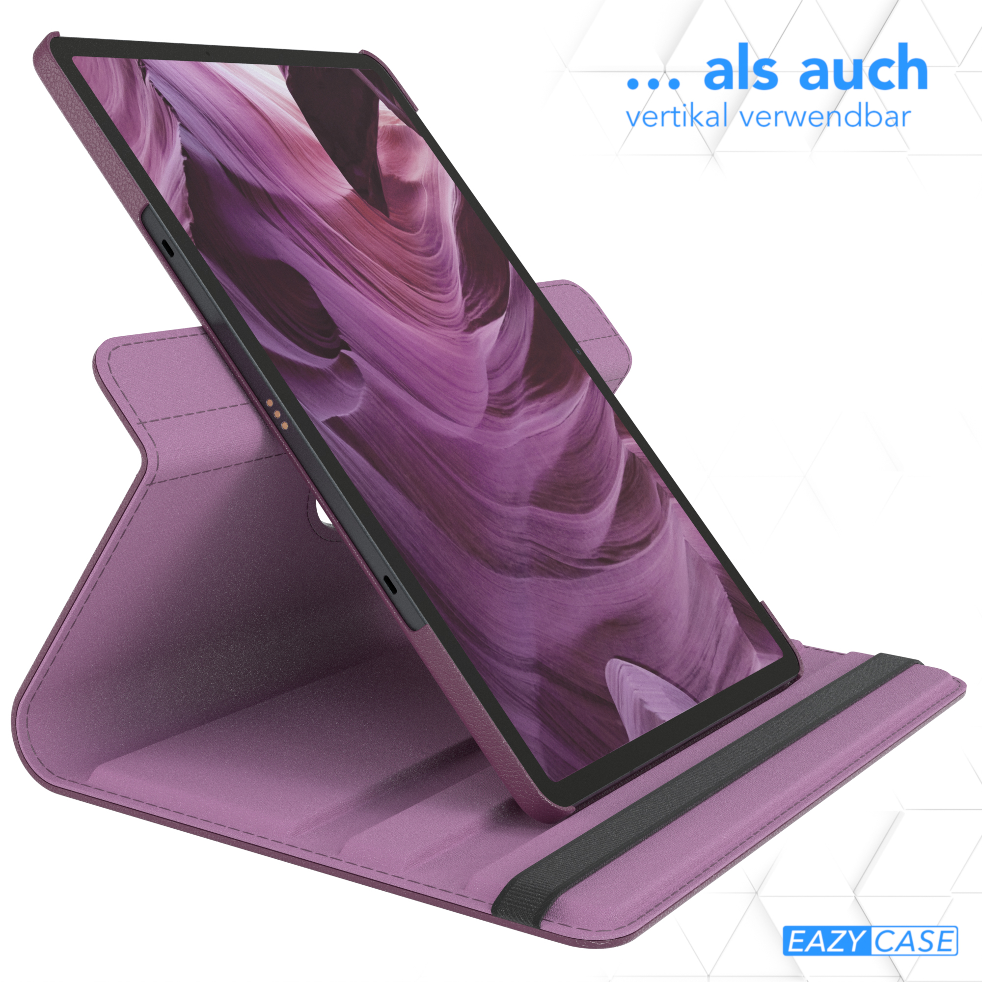 Ein Tablet in einer lila Hülle, zeigt eine lila Landschaft. Die Hülle steht in einem Ständer.