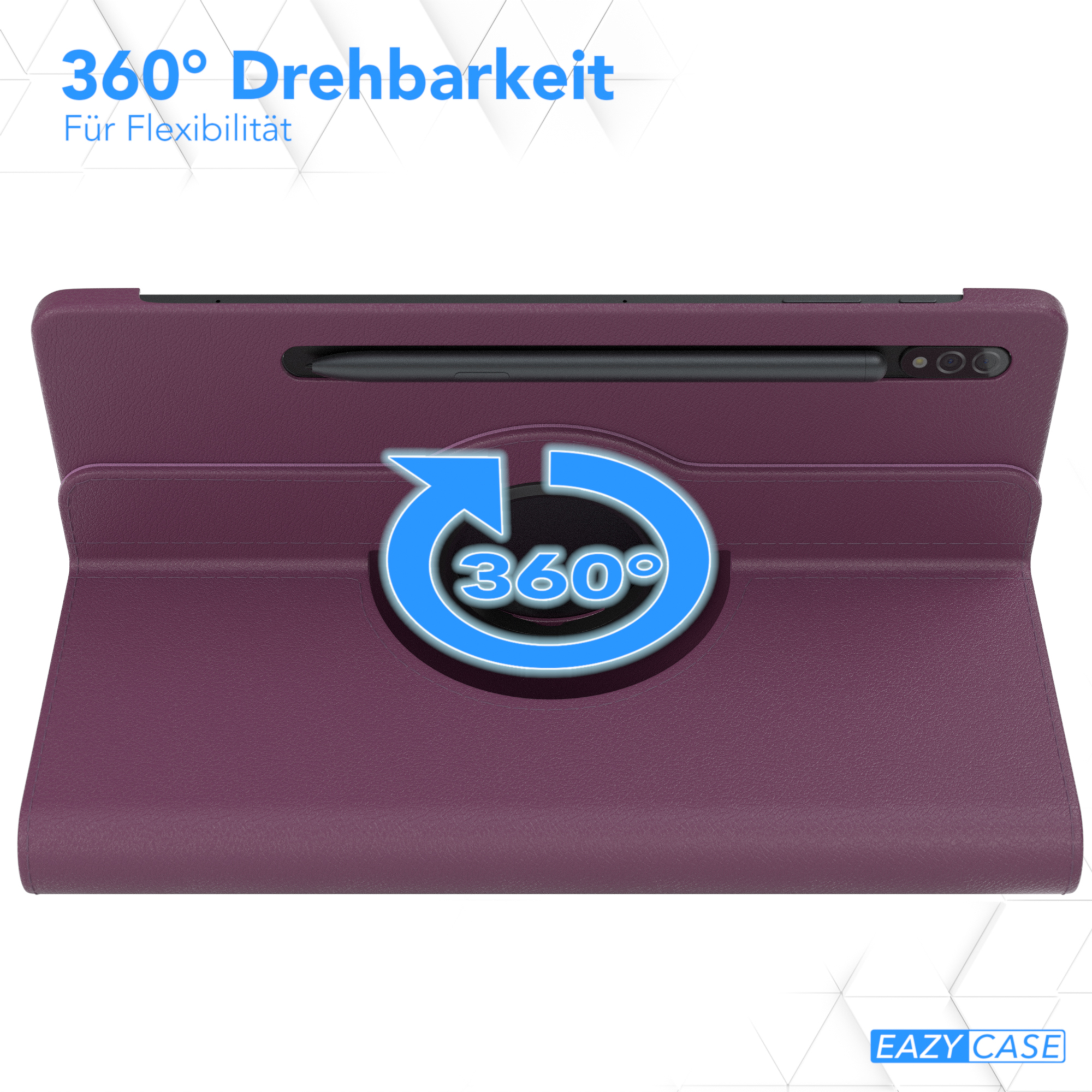 Lila Tablet-Hülle mit 360°-Rotationsgrafik und Stift.
