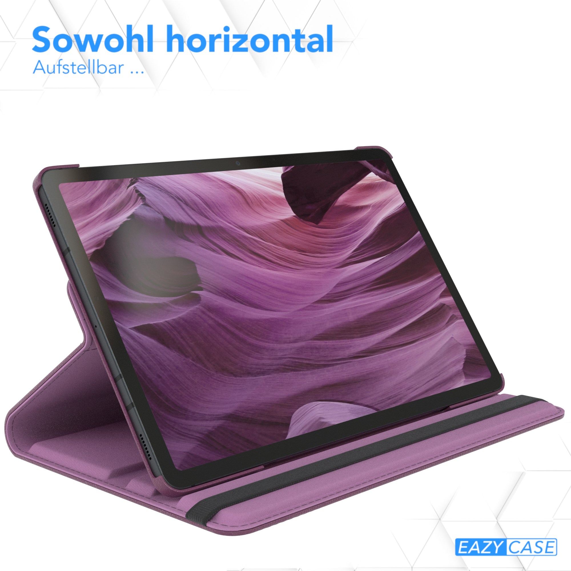 Lilafarbene Tablethülle mit Tablet-Bildschirm, der eine Landschaft zeigt. Die Hülle hat eine Standfunktion.