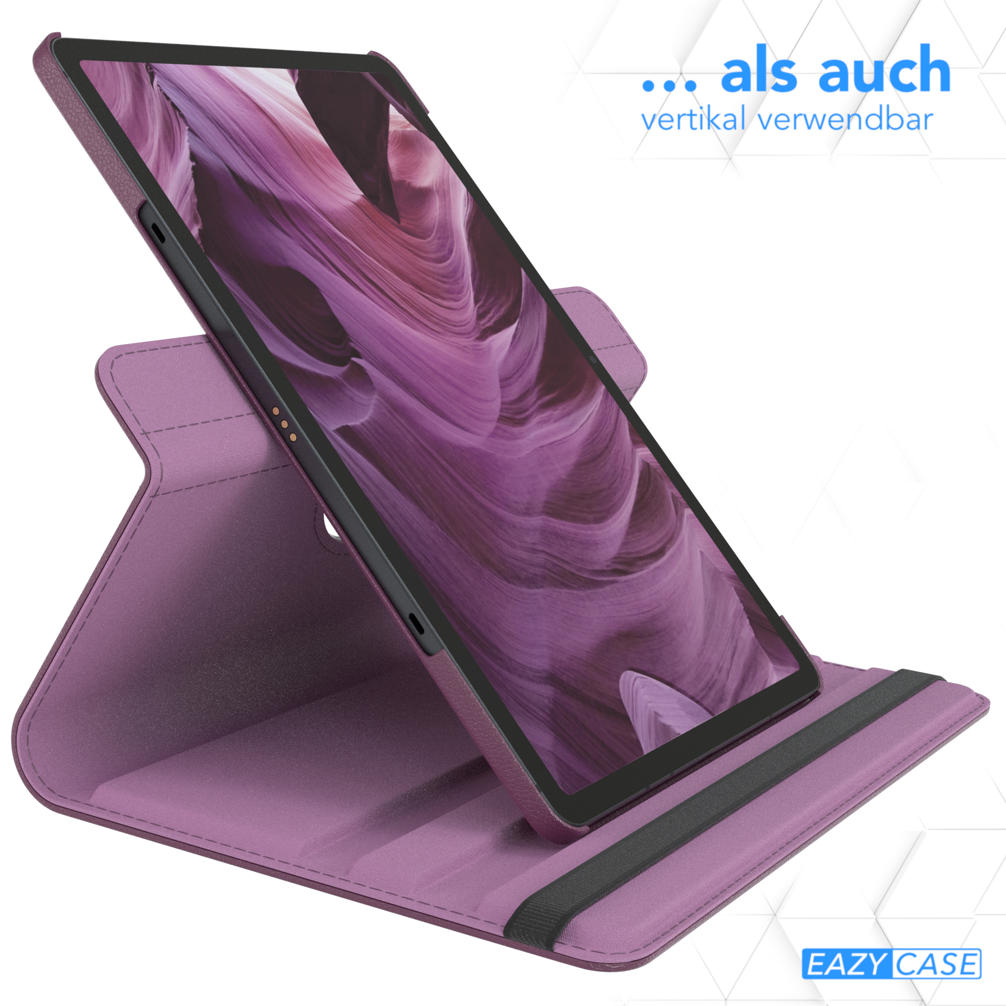 Tablet in lila Hülle. Der Tablet-Bildschirm zeigt ein Canyon-Bild. Text: 'auch vertikal verwendbar'.
