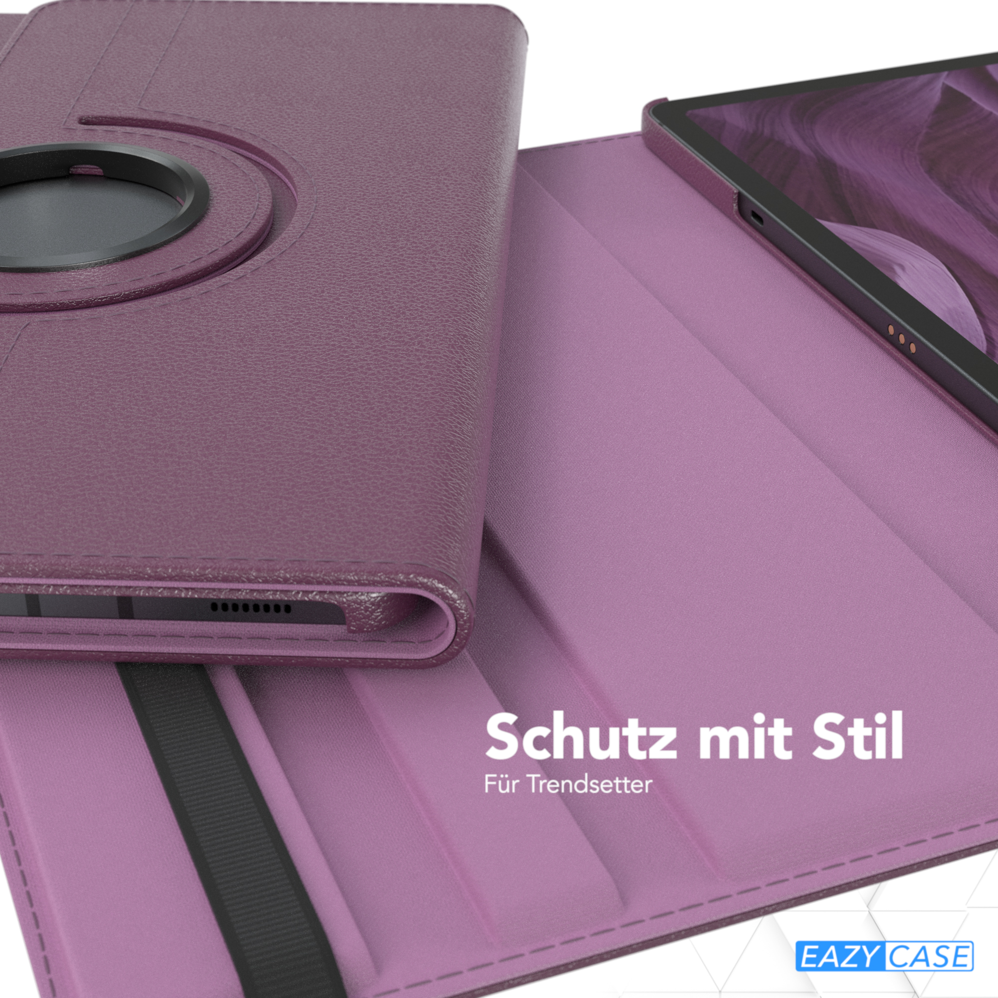 Lila Tablet-Hülle geöffnet, Tablet und Hülle zeigend. Text: Schutz mit Stil.