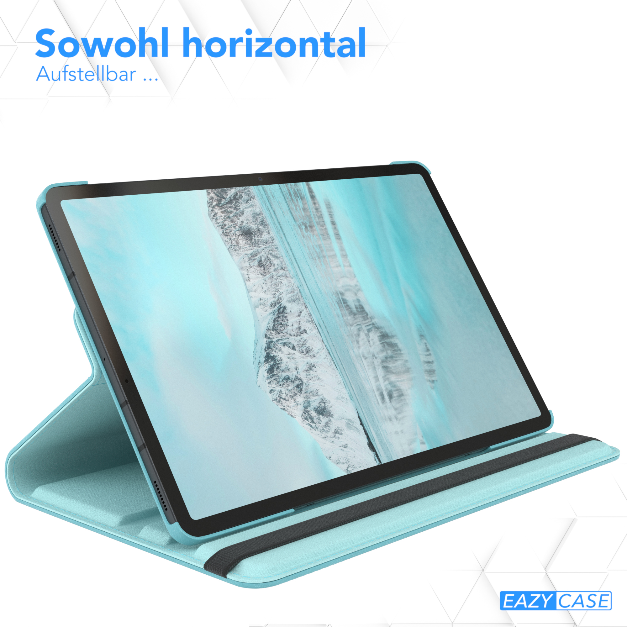 Tablet in einer blauen Hülle, aufgestellt. Text auf Deutsch. Hintergrund: Weiß, mit Text.