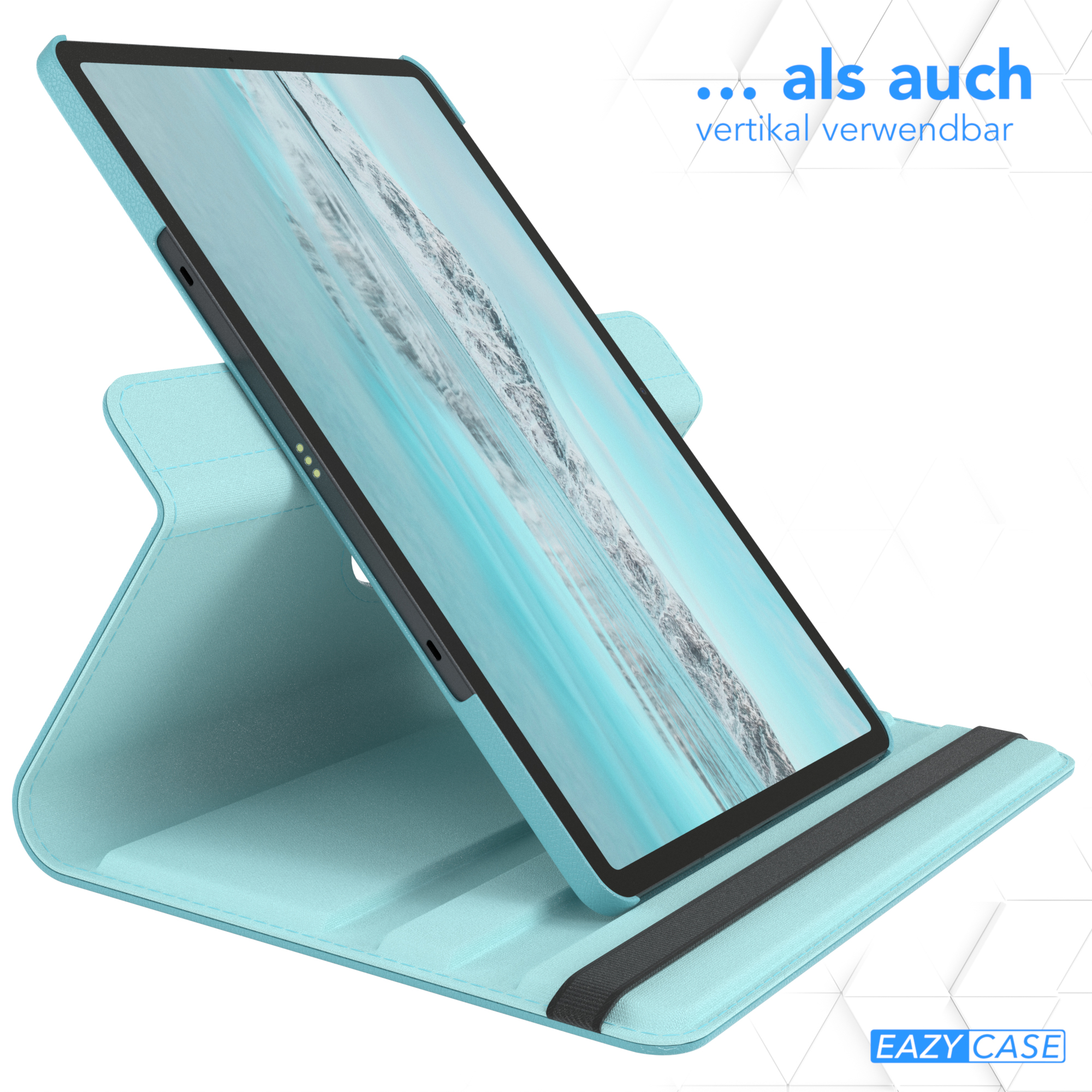 Ein Tablet in einem hellblauen Case, aufgestellt, mit schwarzem Gummiband, auf weißem Grund.