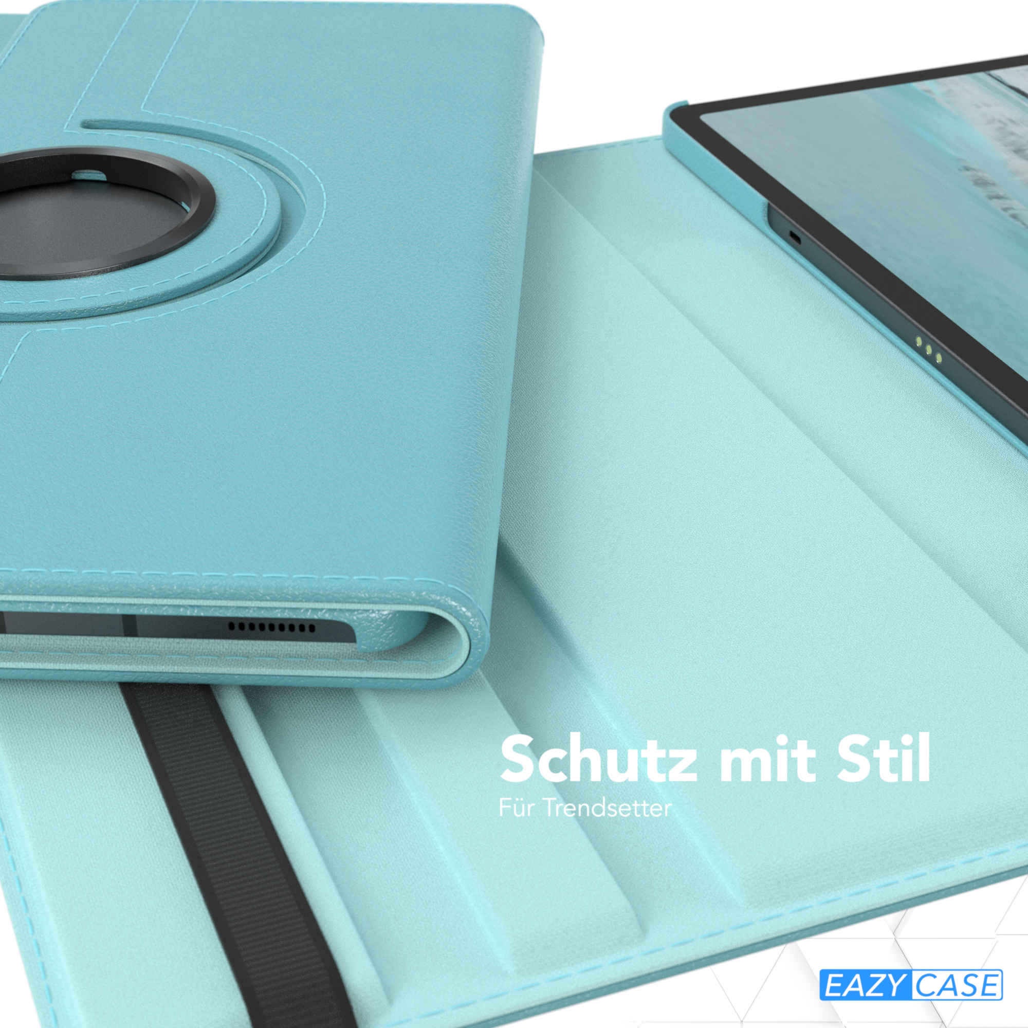 Türkisfarbene Tablet-Hülle geöffnet, zeigt das Tablet und ein schwarzes Gummiband.