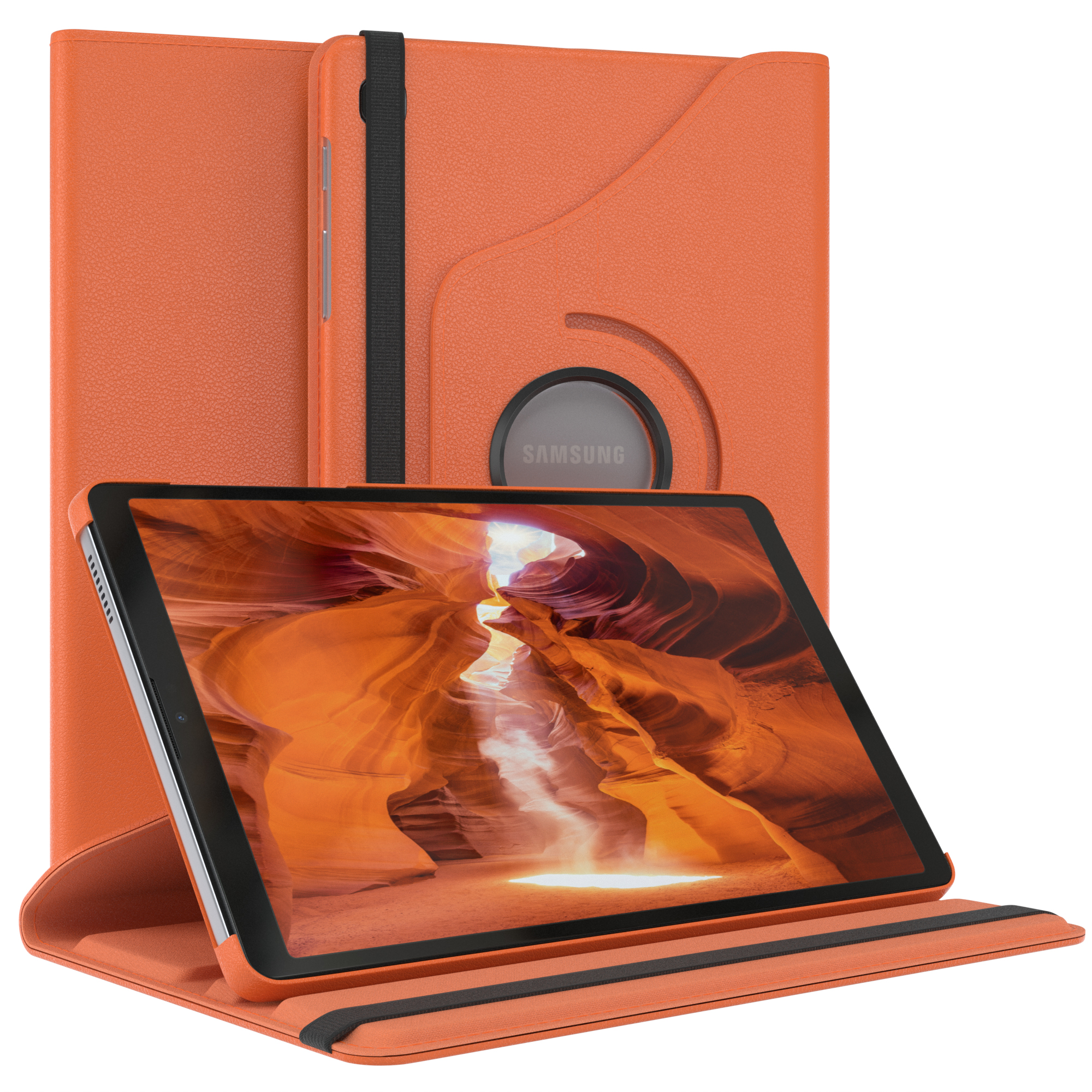 Orangene Tablet-Hülle mit einem Tablet und einem schwarzen Riemen. Weißer Hintergrund.