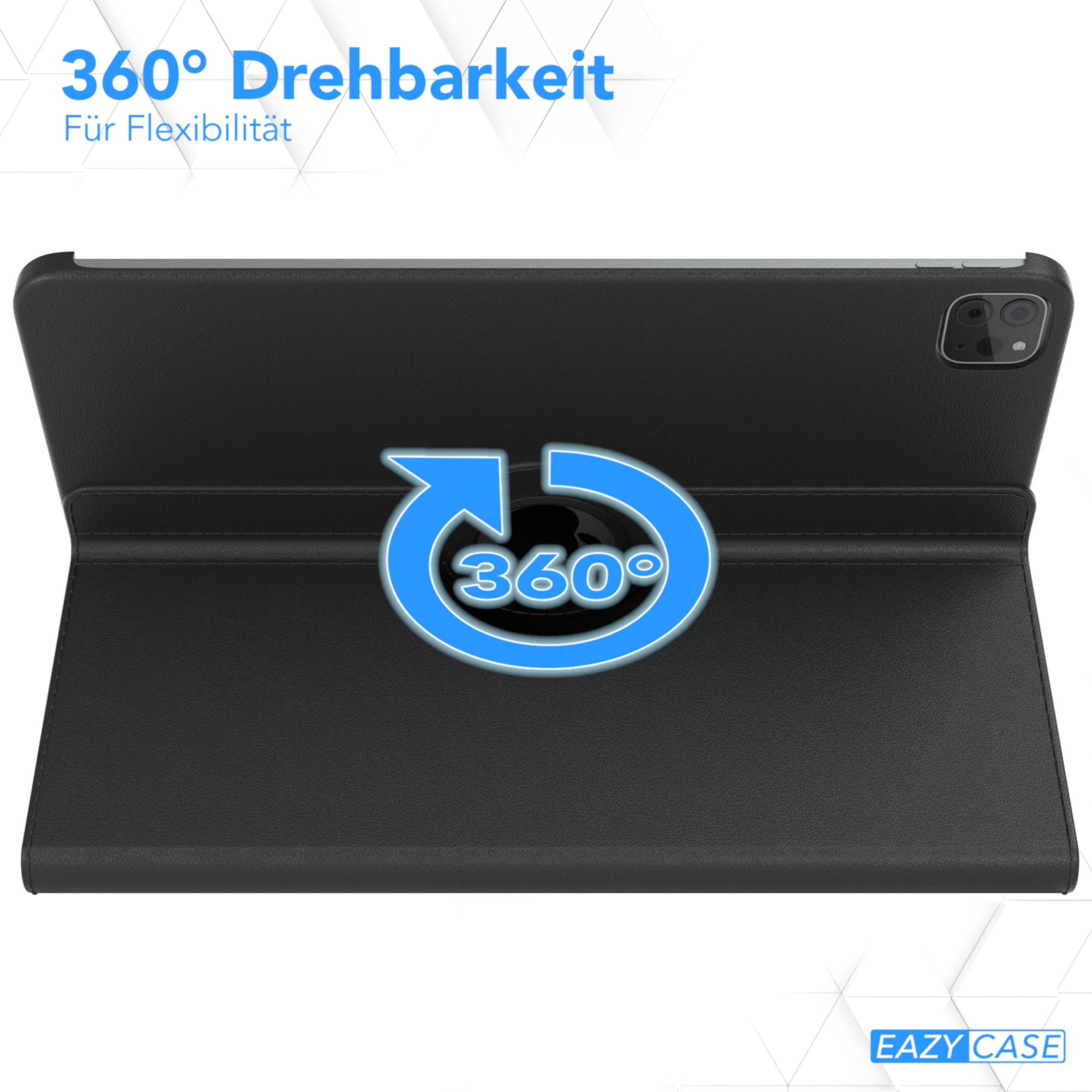 Schwarzes Tablet in schwarzem Case, offen. Ein blauer Pfeil mit Text zeigt 360-Grad-Drehung an. Weißer Hintergrund.