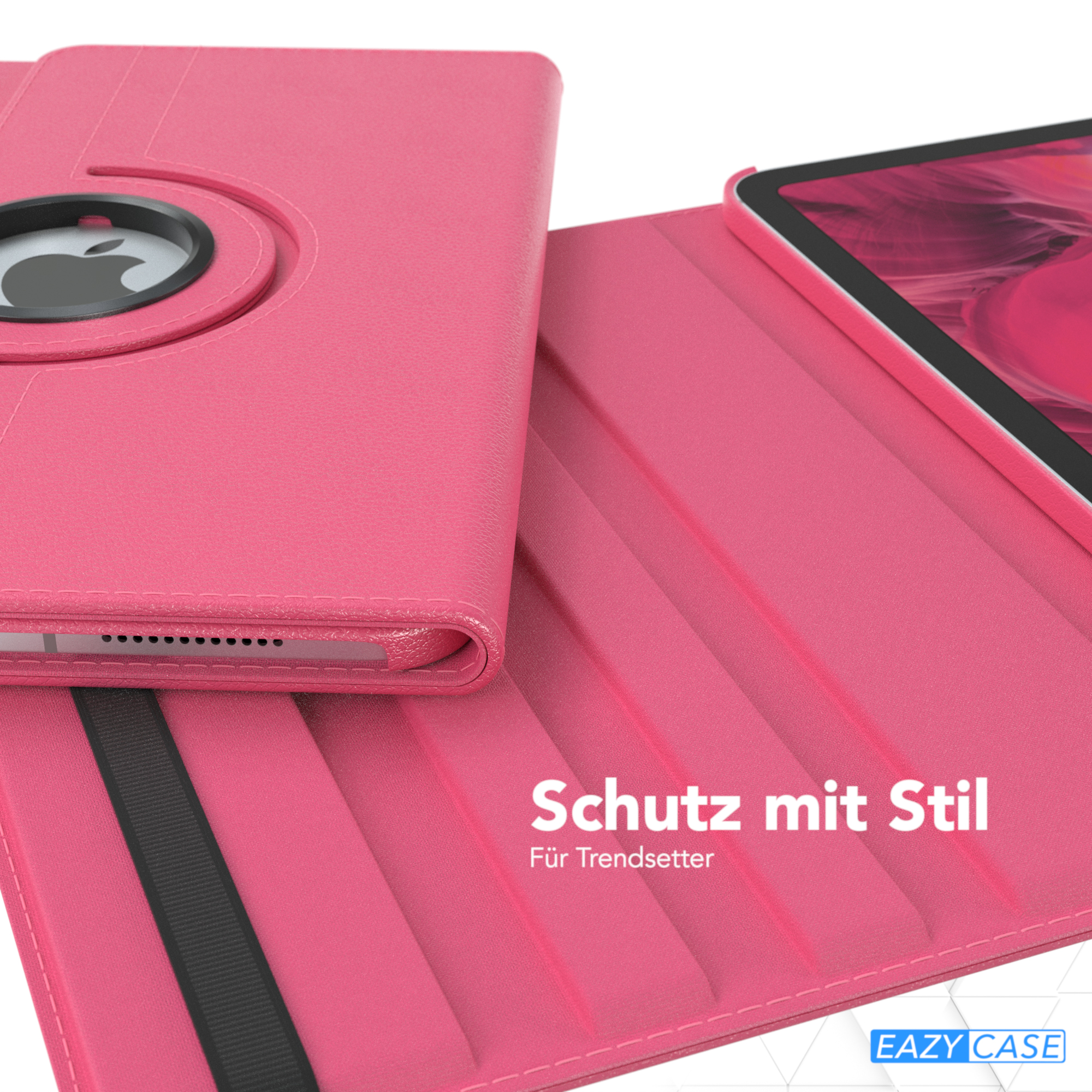 Rosa Tablethülle mit drehbarem Scharnier. Rückseite, mit Apple-Logo.