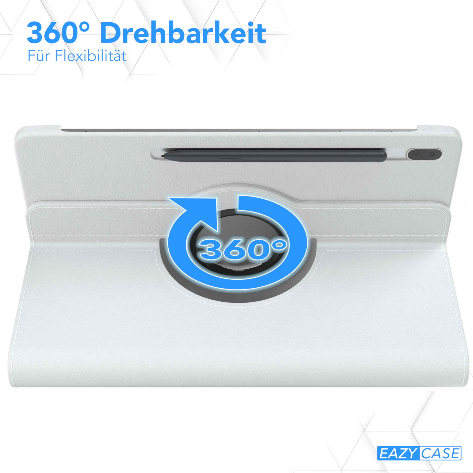 Weiße Tablethülle mit 360°-Drehfunktion, mit einem Stift. Das EAZY CASE Logo ist sichtbar.