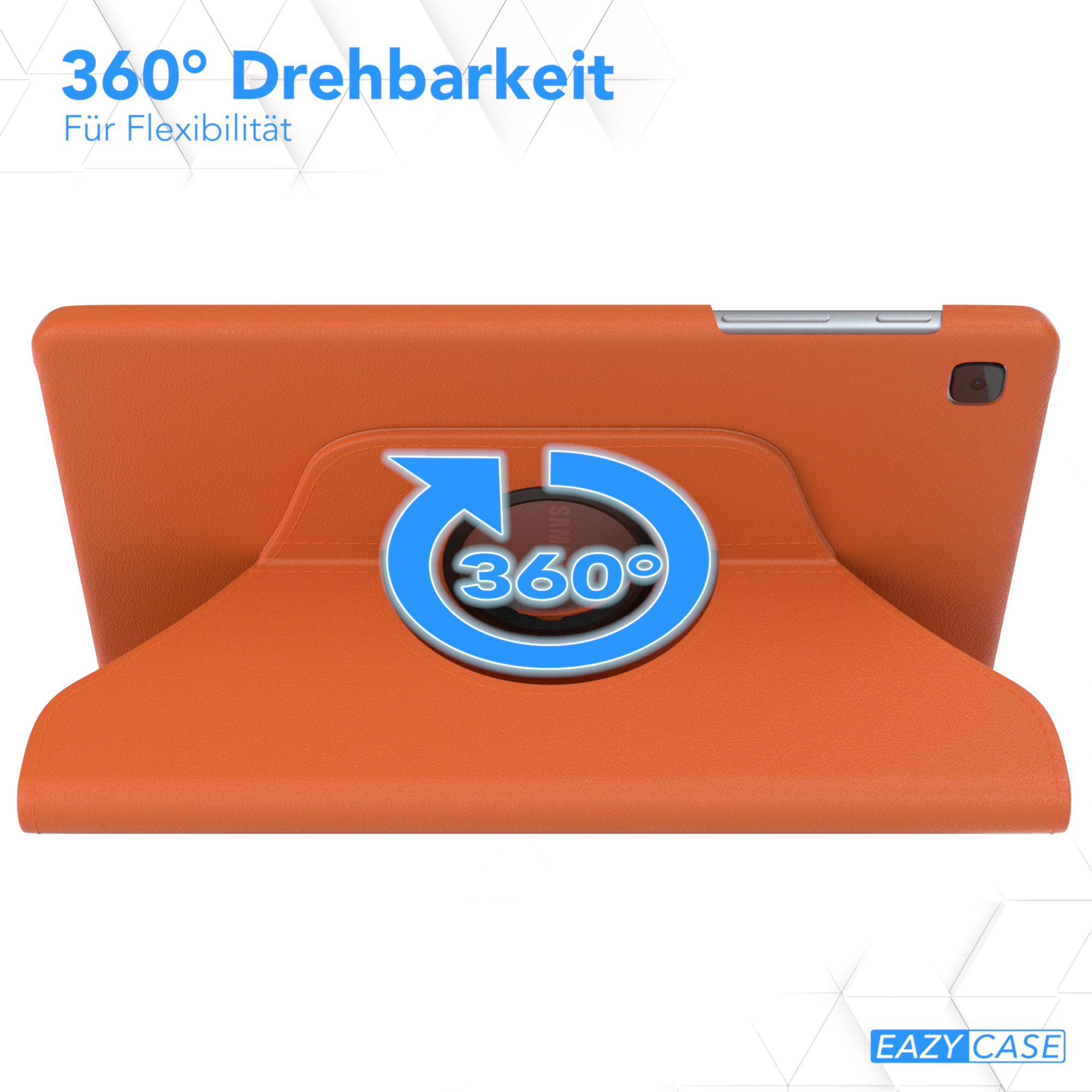 Orange Tablethülle mit 360-Grad-Drehung. Pfeilsymbol zeigt die Drehung an.