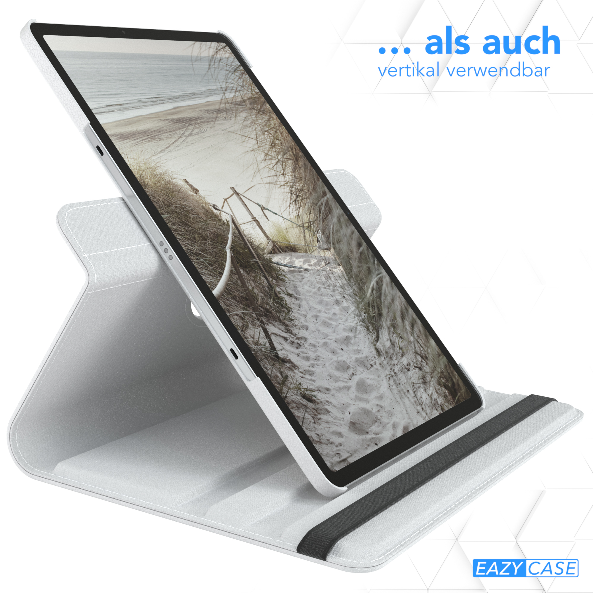 Ein weißes Tablet in einer weißen Hülle, die in einem Ständer aufgestellt ist.