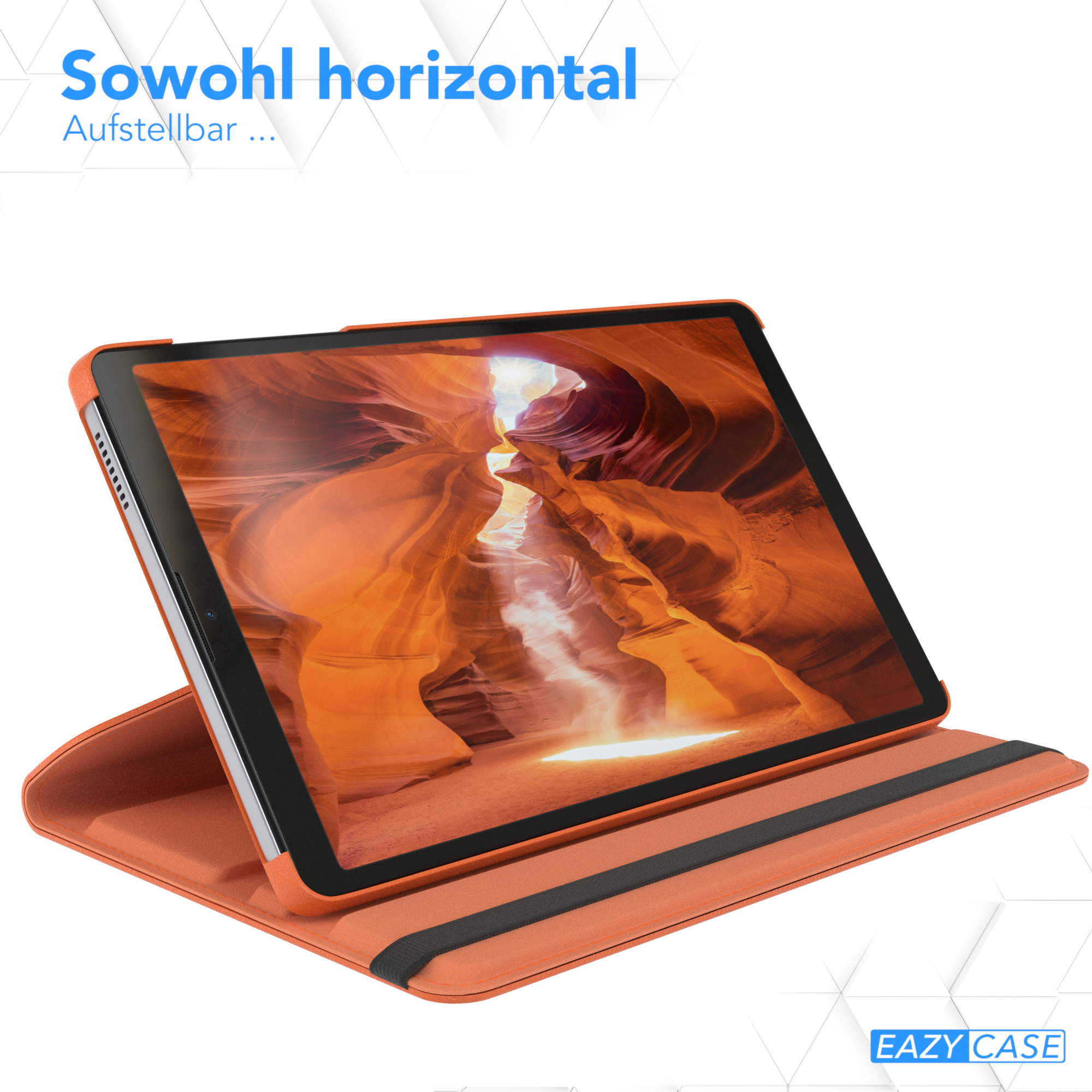 Eine offene Tablet-Hülle auf einem Tisch. Das Tablet zeigt eine Canyon-Ansicht. Die Hülle ist orange.