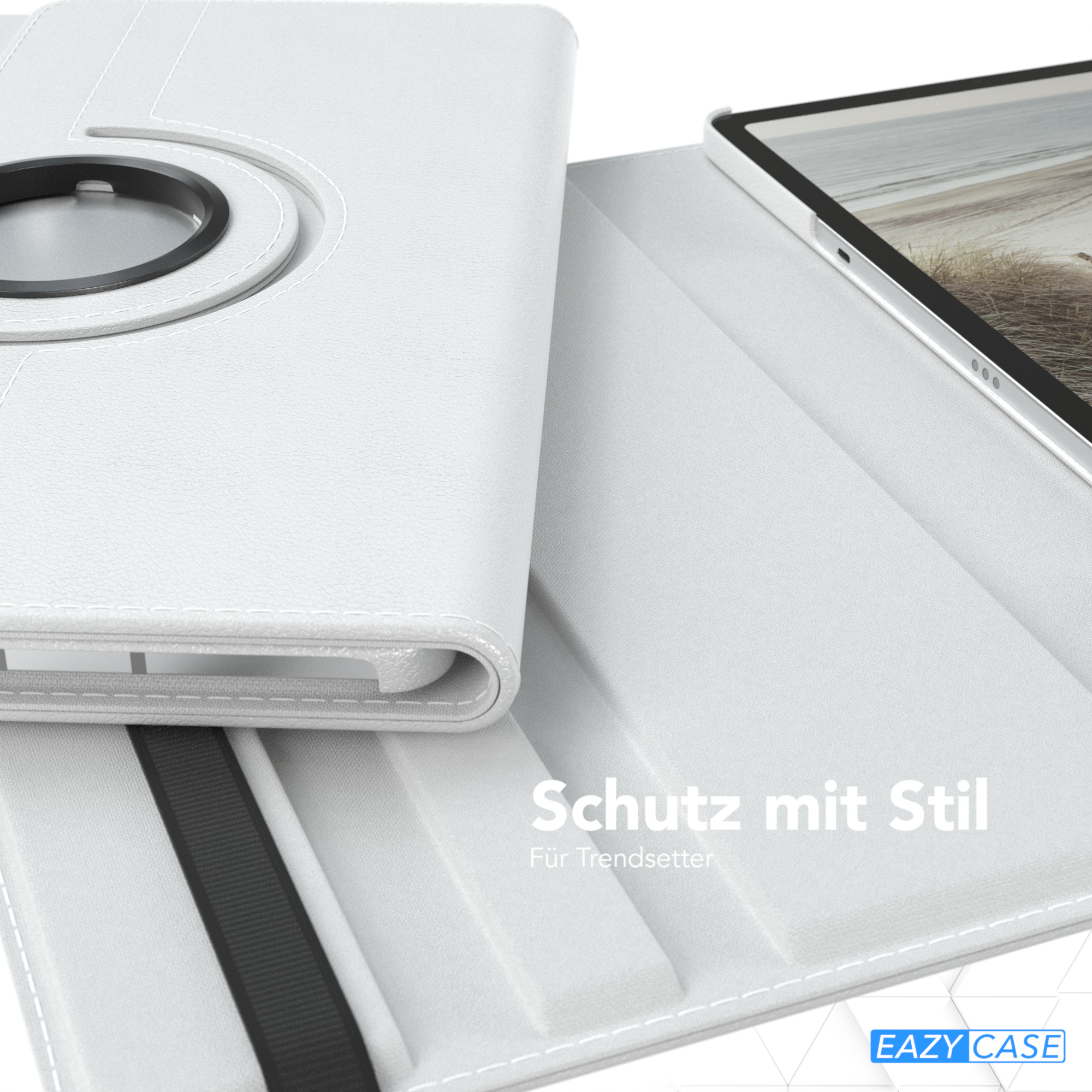 Weiße Tablethülle mit Drehfunktion, geöffnet, um ein Tablet zu zeigen. Die Hülle liegt auf weißem Grund.