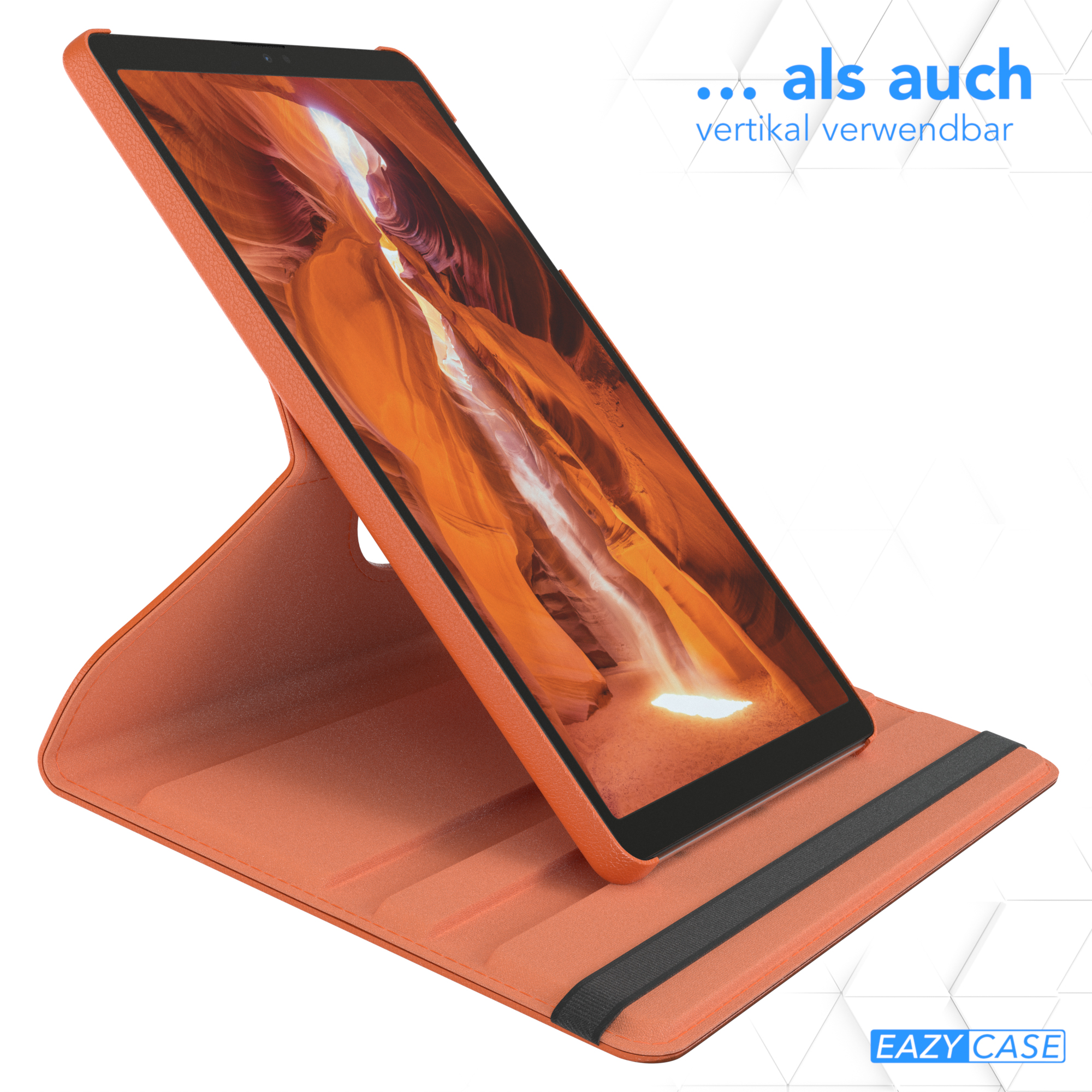 Orangene Tablethülle im Stand. Das Tablet zeigt einen Canyon. Text: Auch vertikal verwendbar.