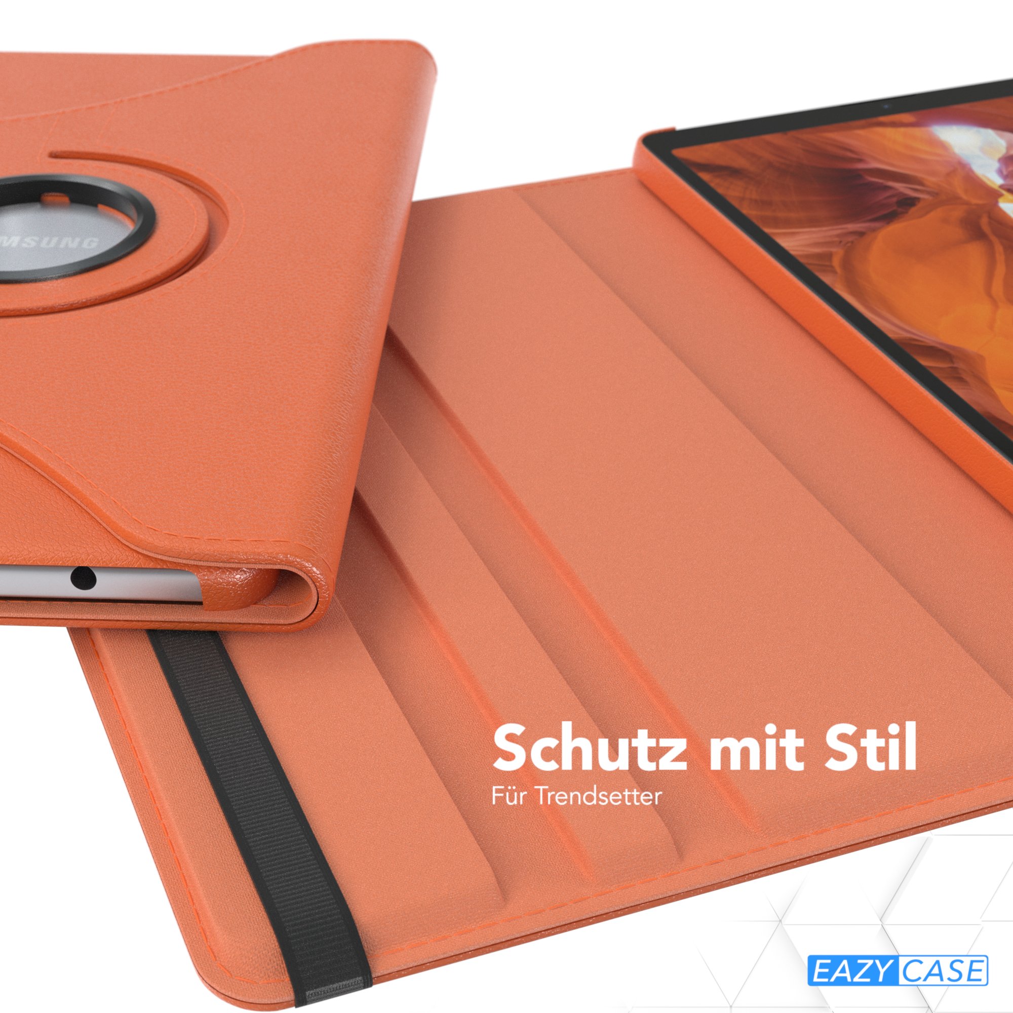 Eine orangefarbene Tablethülle, offen, mit einem Tablet darin und dem Text 'Schutz mit Stil'.