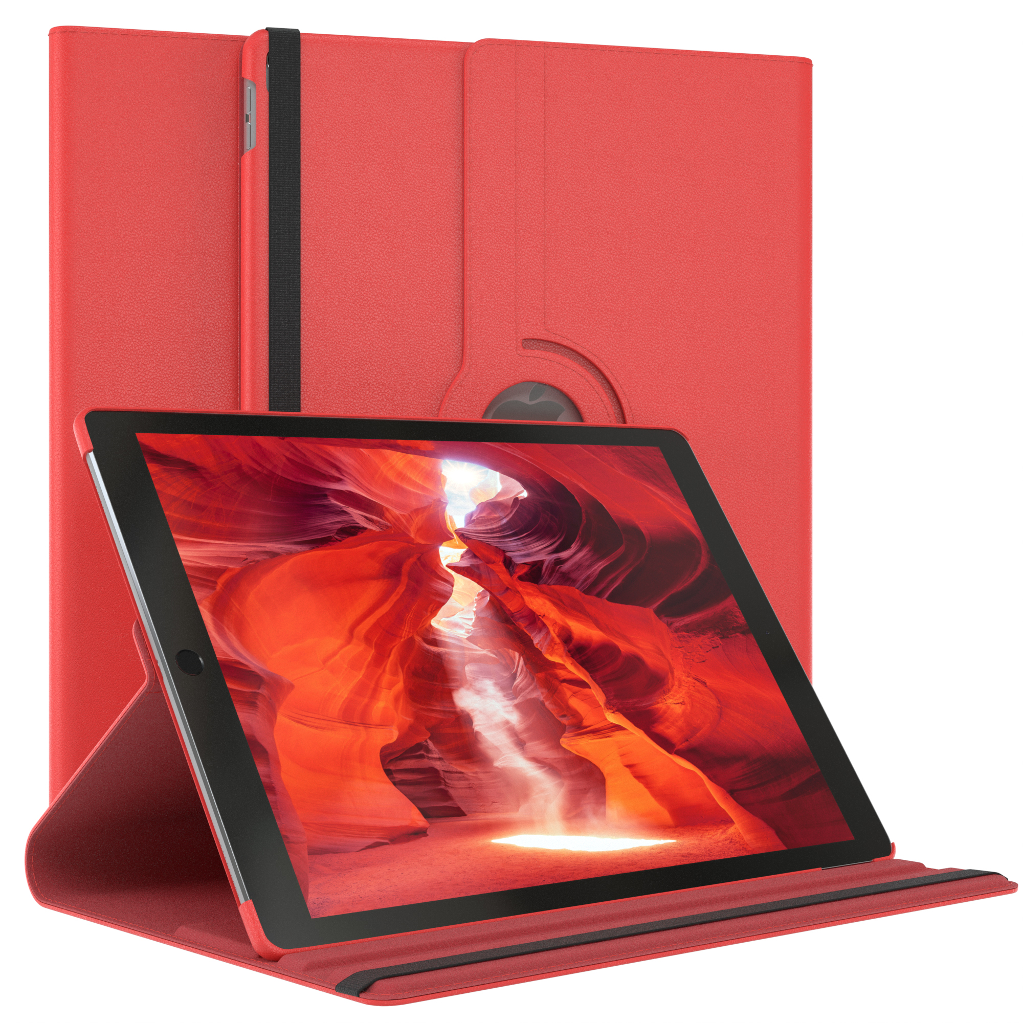 Rotes Tablet in roter Hülle, Landschaftsansicht. Hintergrundgehäuse aufrecht. Der Bildschirm zeigt eine rote Felsformation.