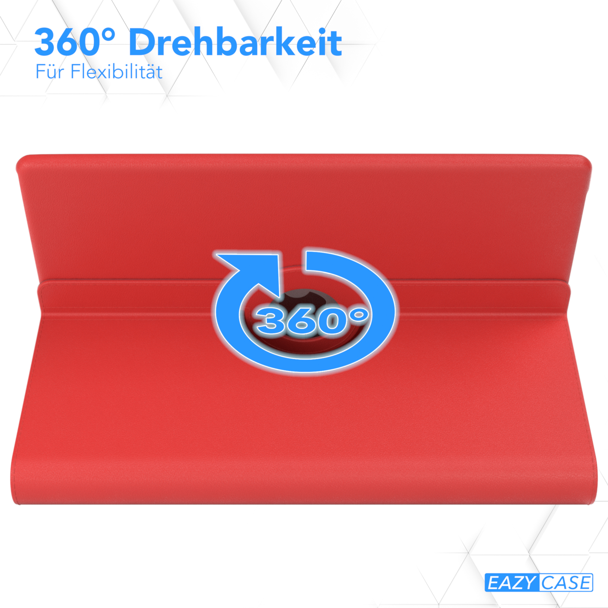 Rote Tablet-Hülle, offen. Die Hülle hat ein 360-Grad-Drehdesign und steht.