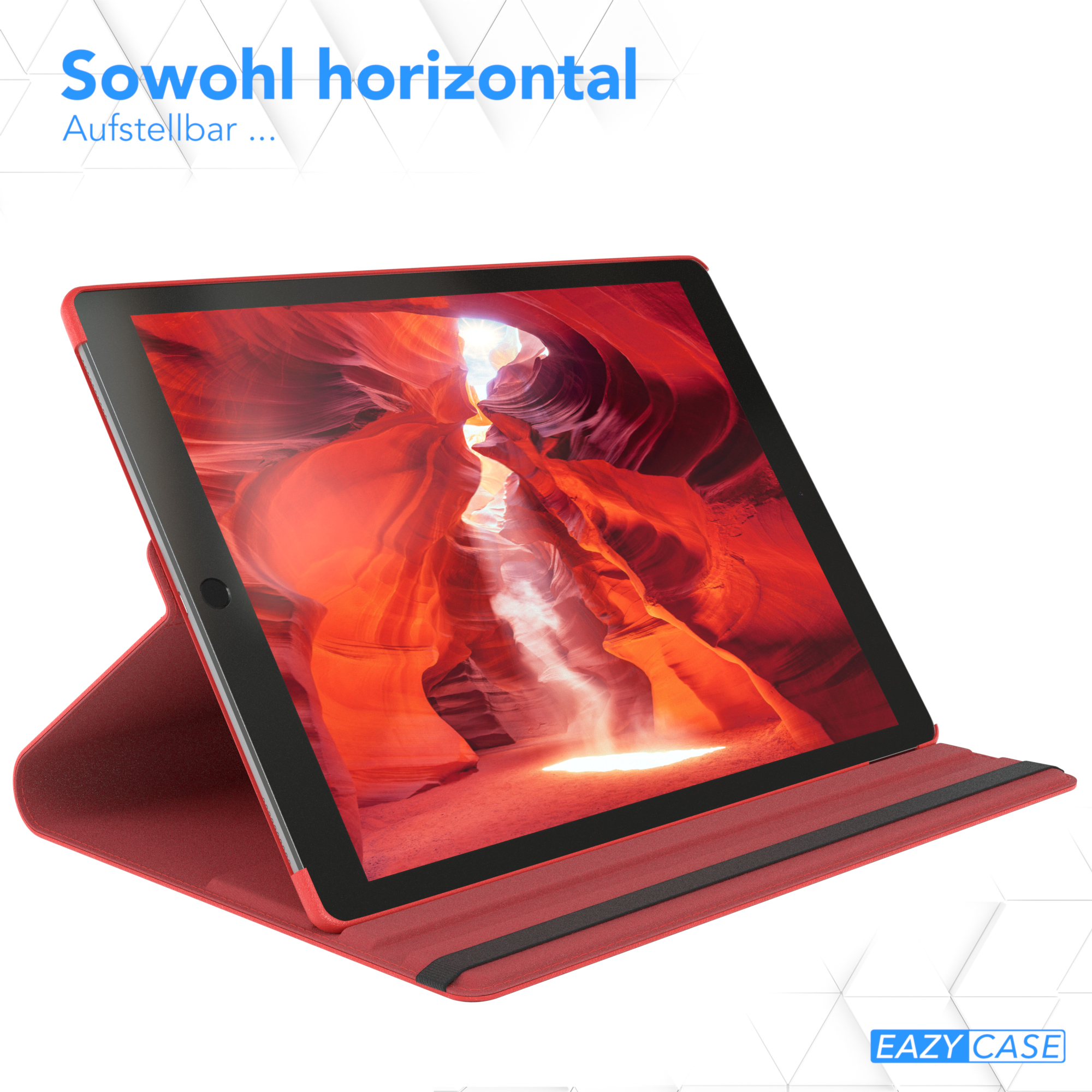 Rotes Tablet in rotem Case, offen. Bildschirm zeigt Canyon-Szene. Schwarzes Band am Case. Weißer Hintergrund.