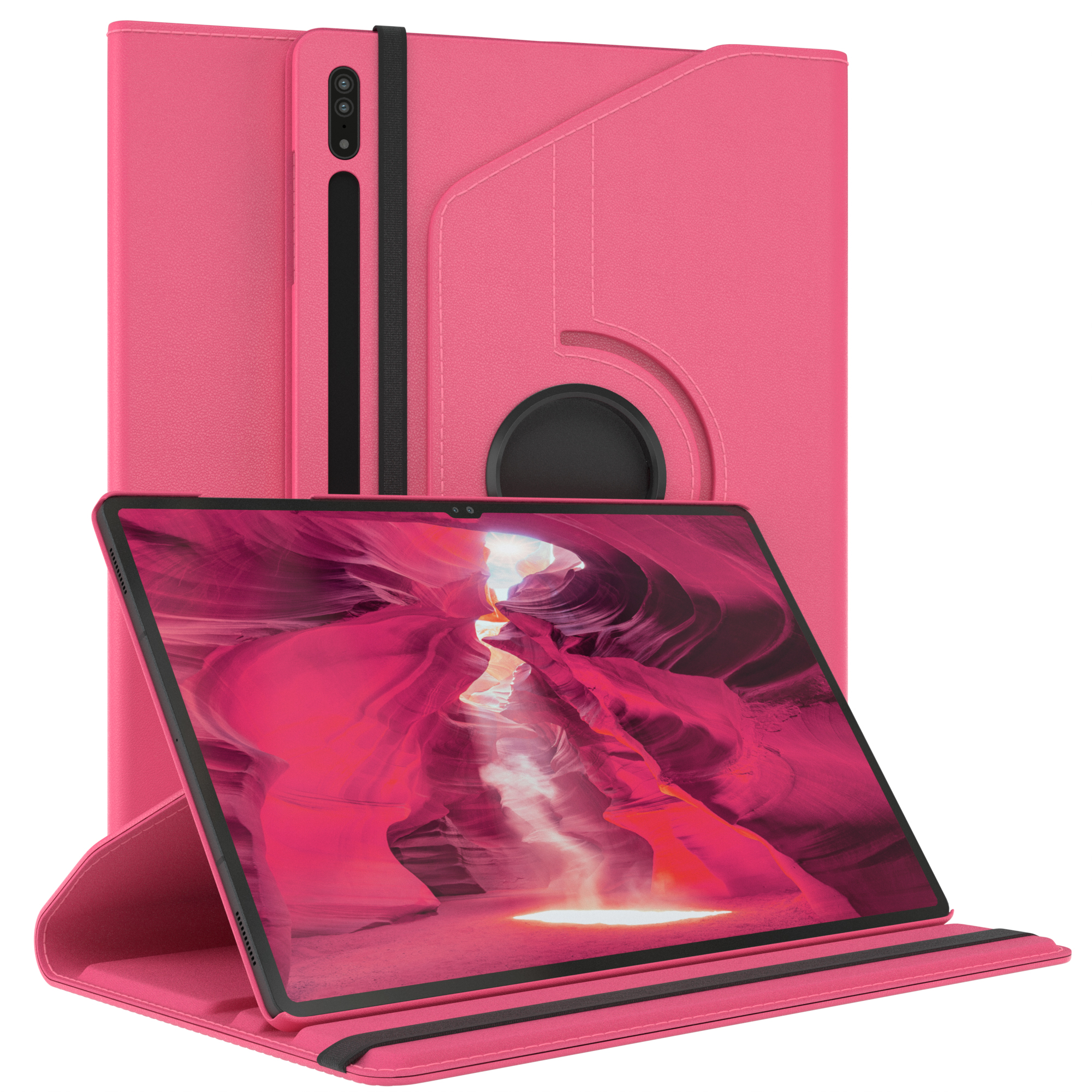 Ein rosa Tablet in einer Hülle, das ein Bild eines Canyons zeigt. Ein weiteres Tablet befindet sich im Hintergrund.