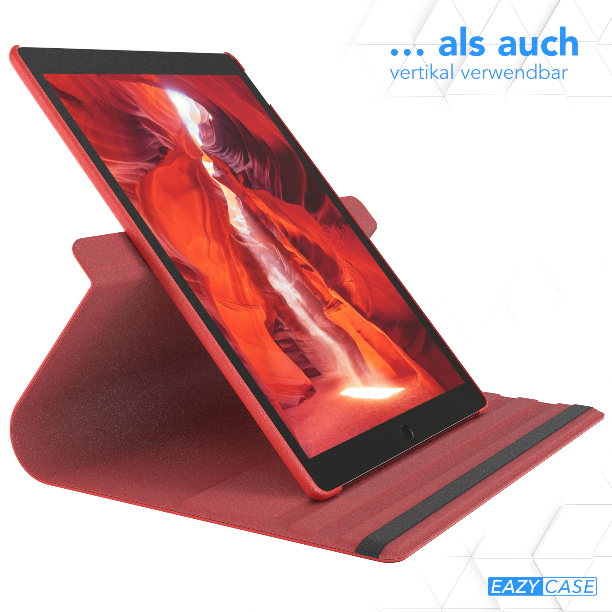 Rote Tablethülle, mit Landschaft auf dem Bildschirm. Kann vertikal stehen.