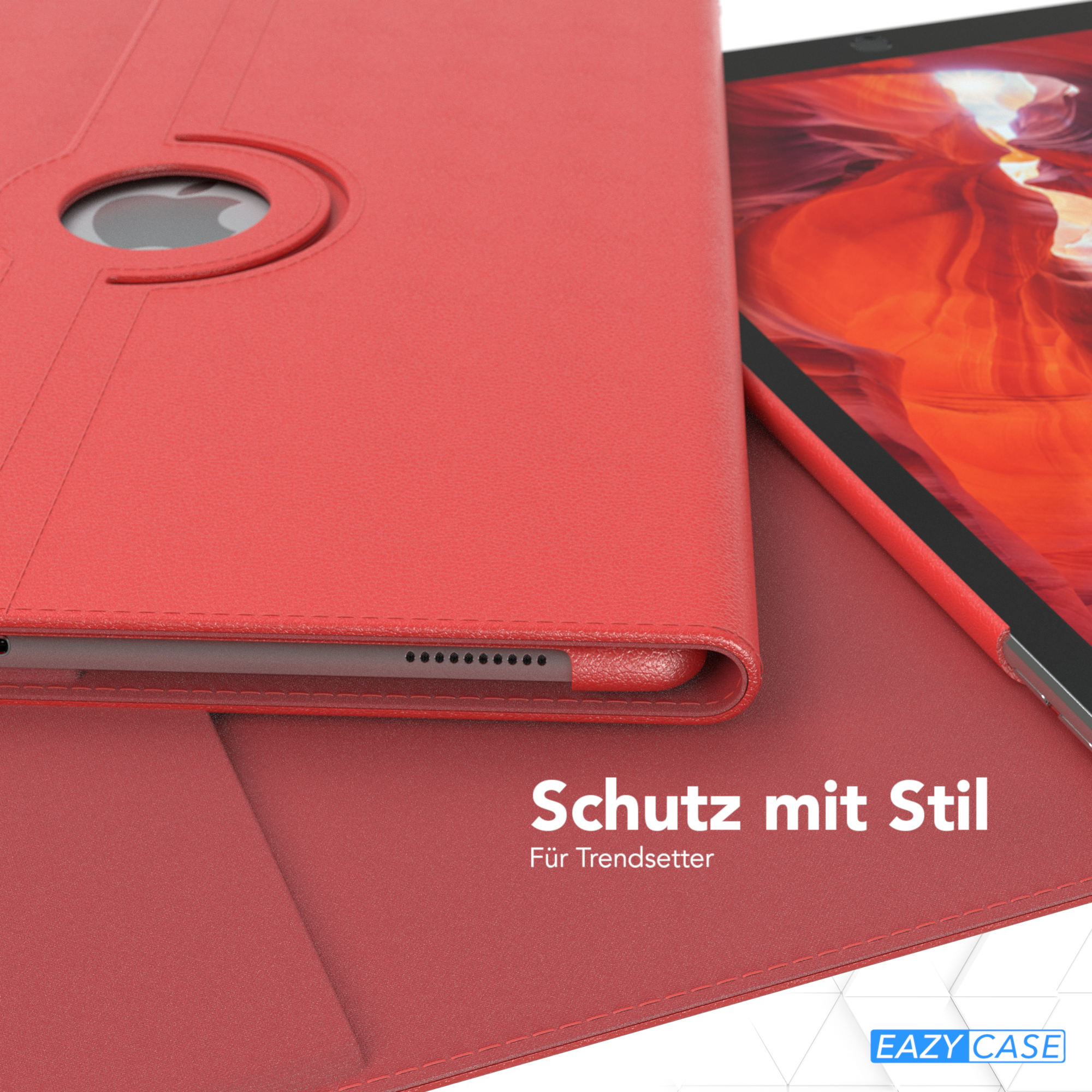 Rote Tablethülle mit offener Klappe auf weißer Oberfläche. Text: 'Schutz mit Stil'.