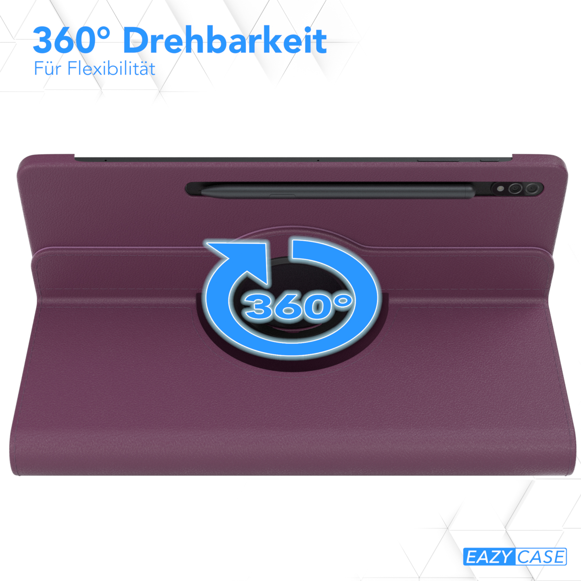 Eine lila Tableth ülle mit 360-Grad-Drehscharnier und Stift.