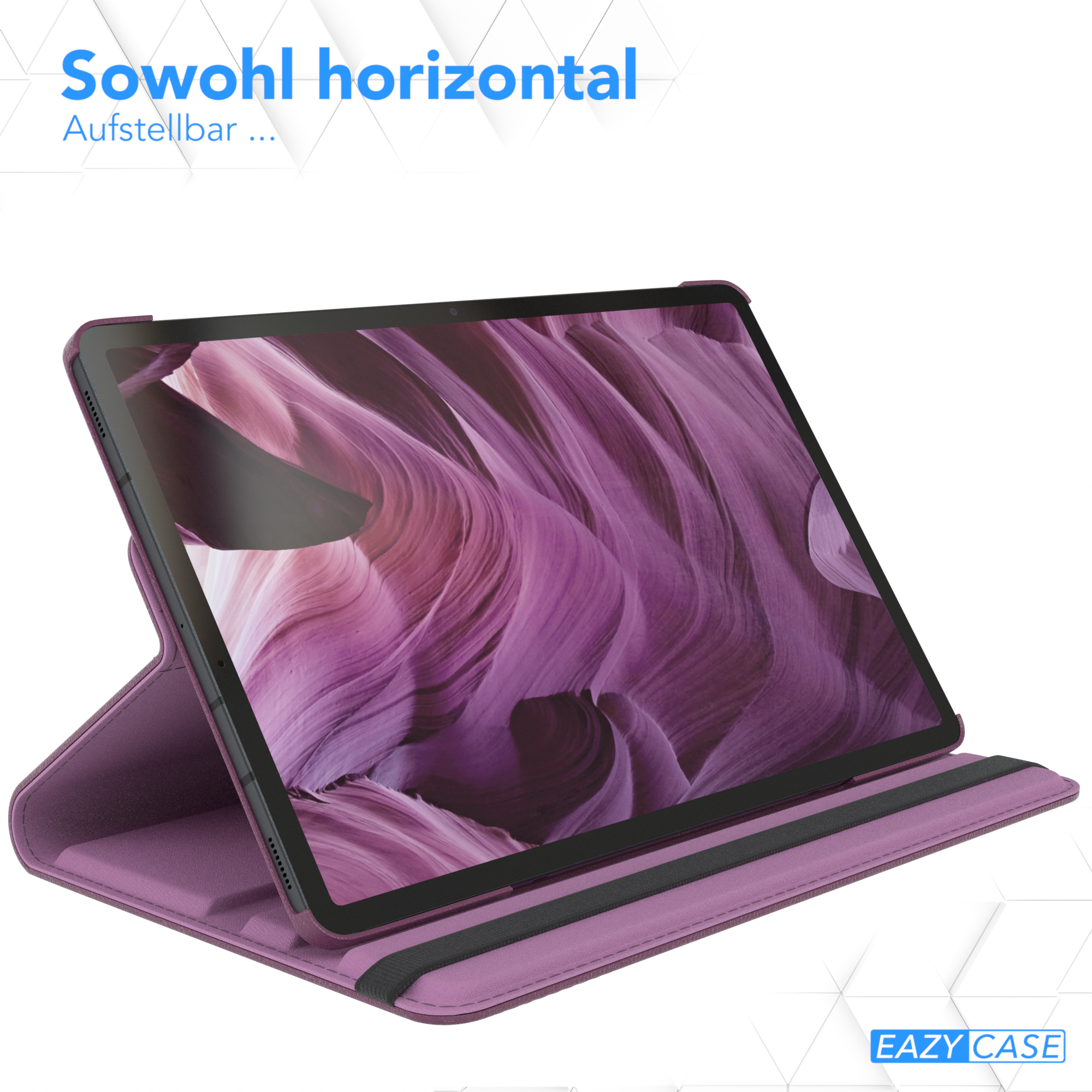 Tablet in lila Hülle, horizontale Position.