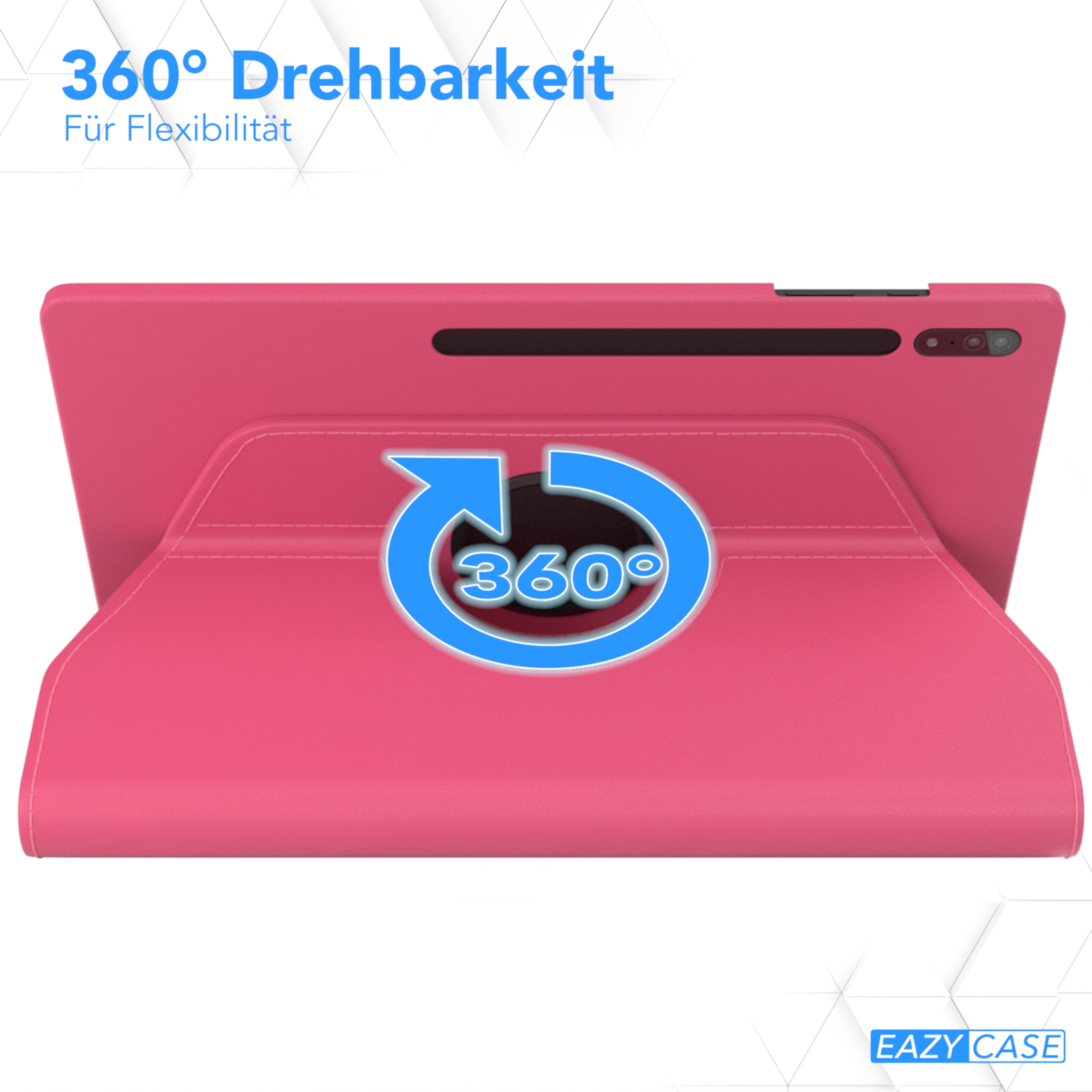 Eine pinke Tablethülle mit Drehfunktion wird angezeigt. Der Text lautet: '360° Drehbarkeit Für Flexibilität'.