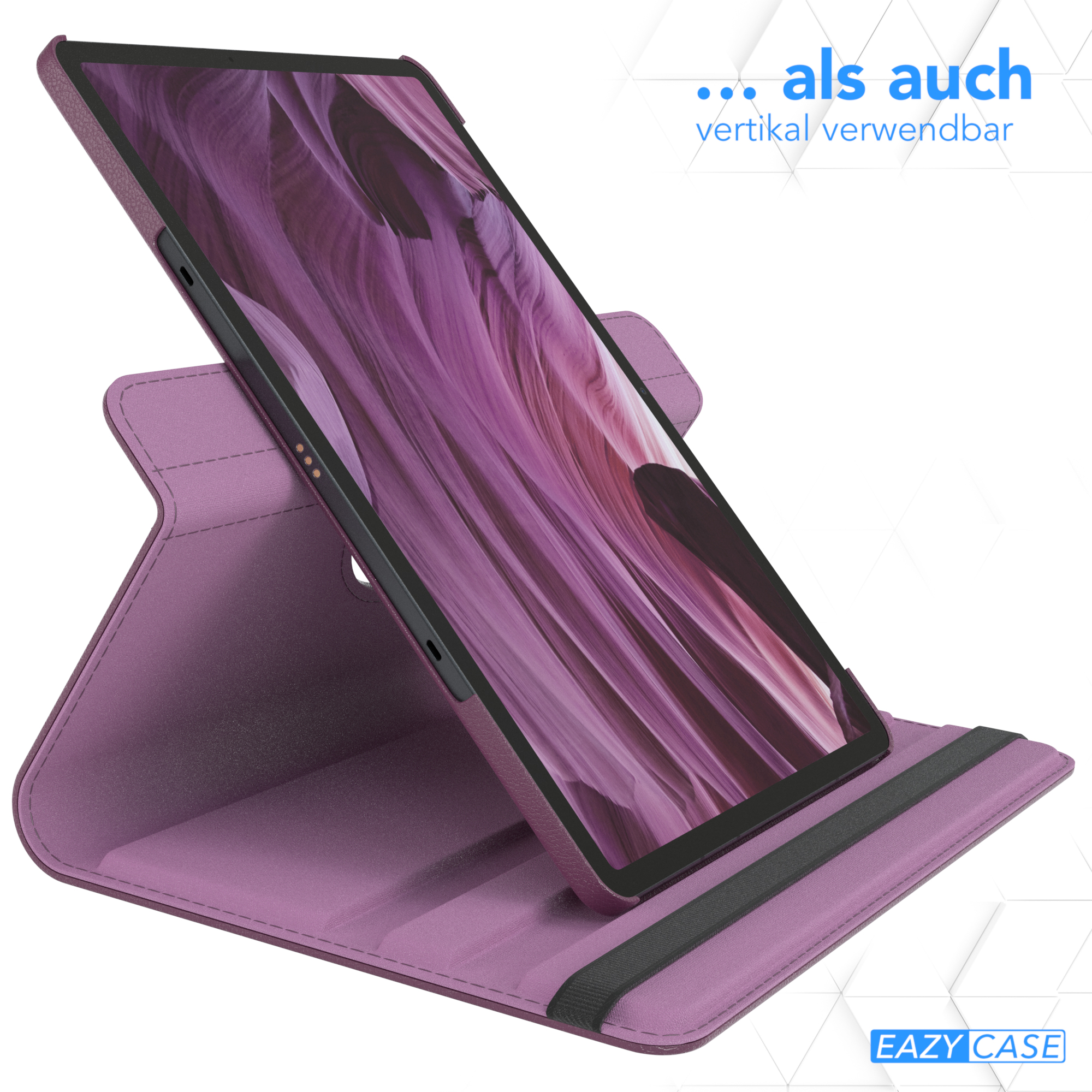 Tablet in einer Hülle, vertikal stehend. Die Hülle ist lila. Oben steht: ... als auch vertikal.