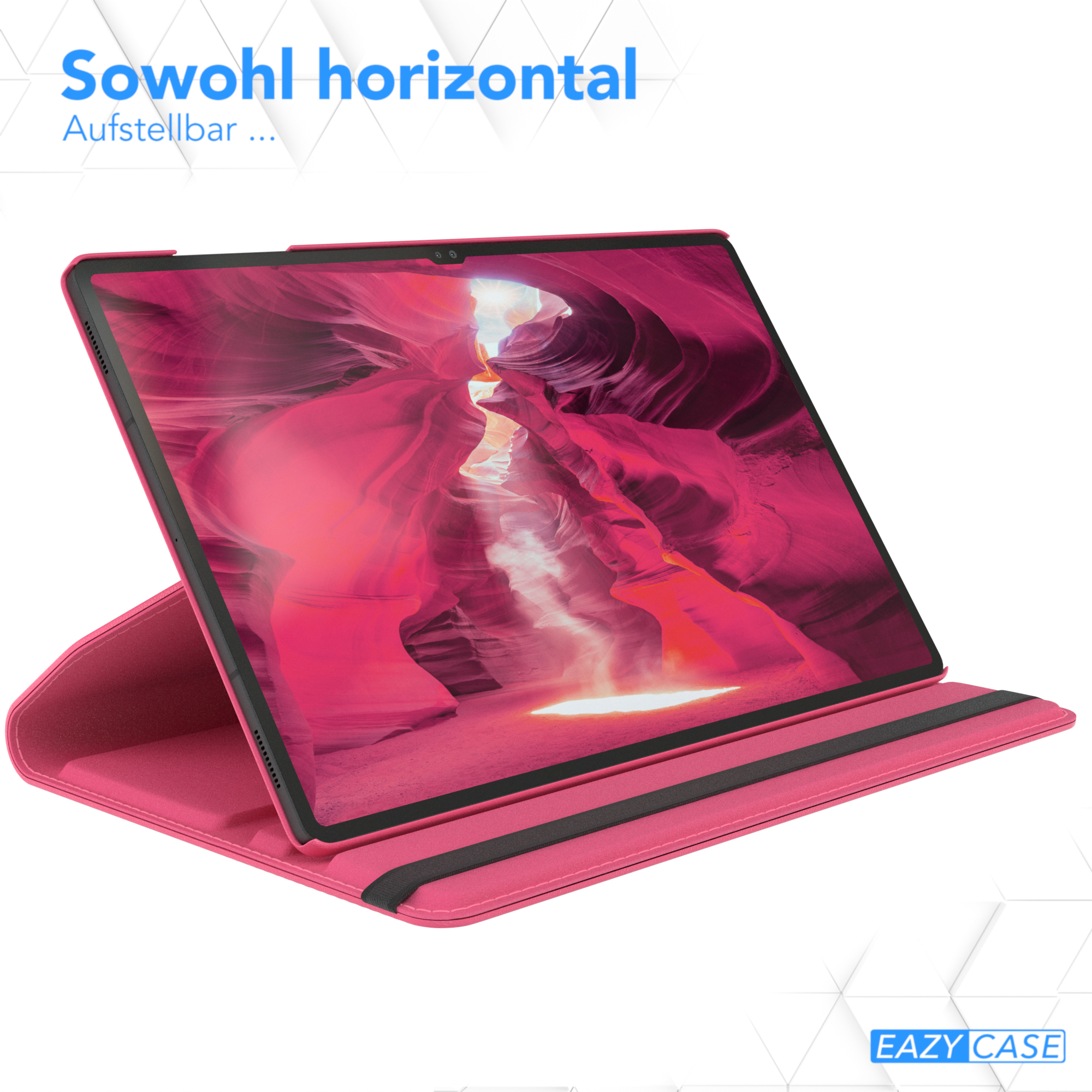 Ein pinkes Tablet in einer Hülle, aufrecht stehend. Der Hintergrund zeigt einen Canyon.