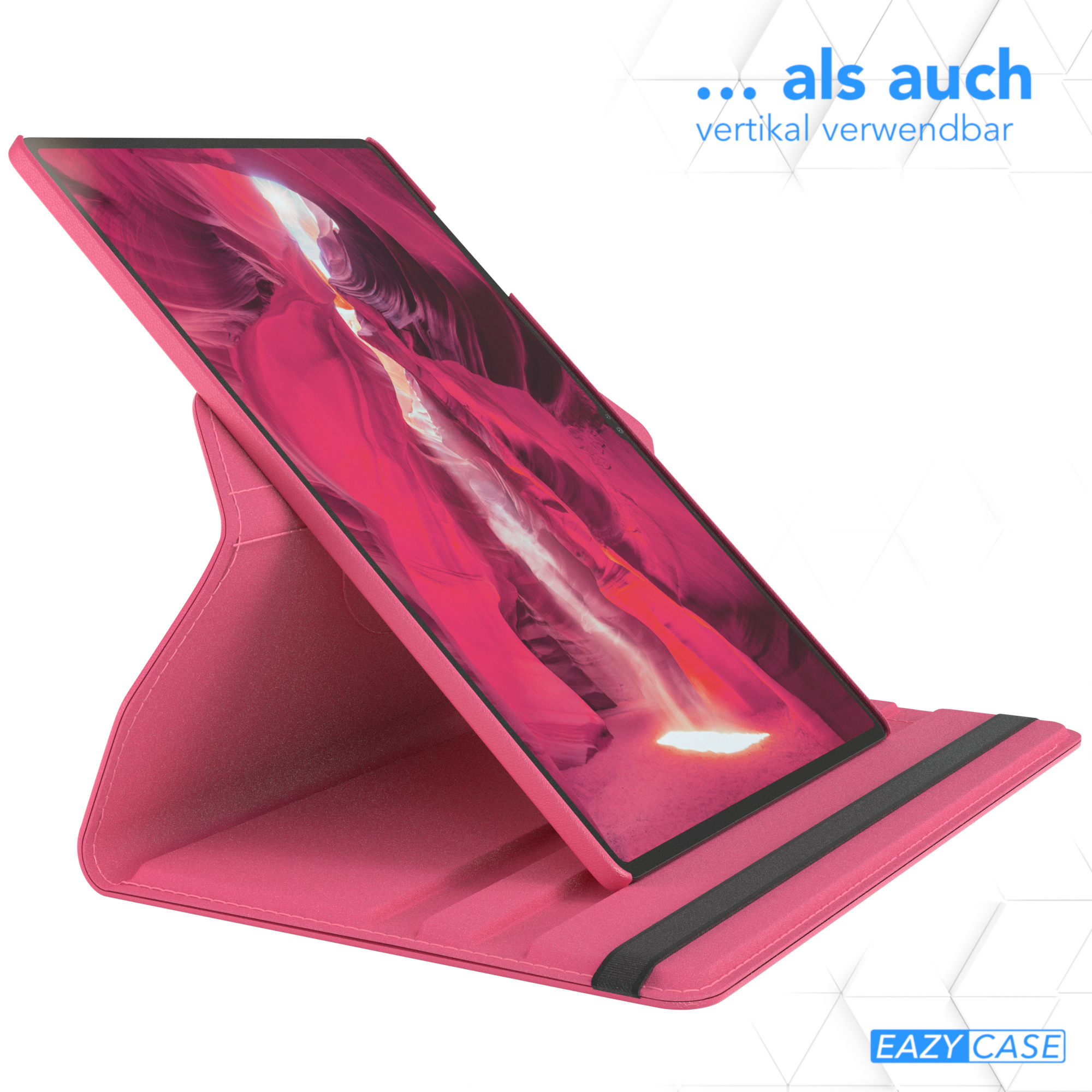 Rosa Tablet mit rosa Hülle in einem Ständer. Text und Logo sichtbar. Weißer Hintergrund.
