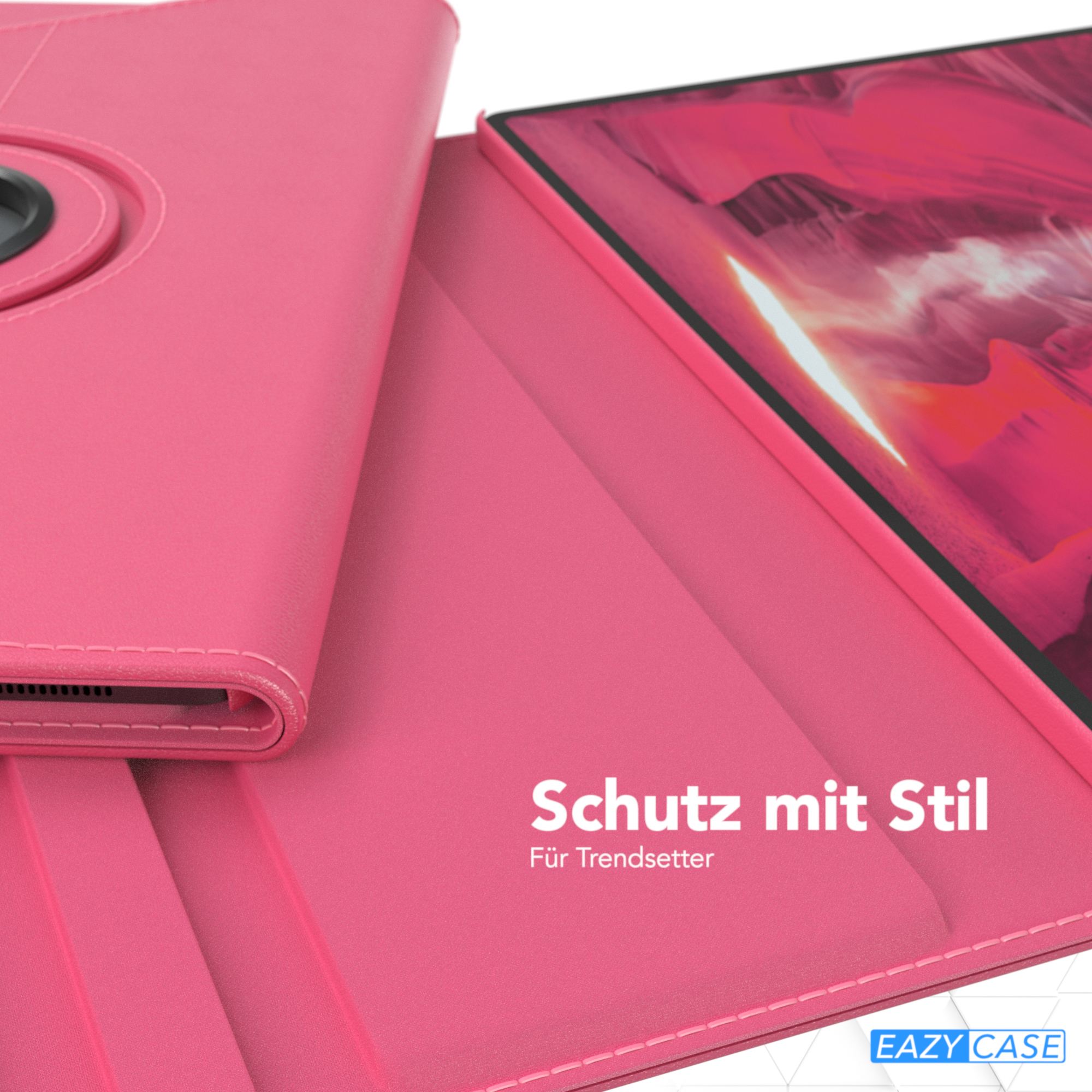 Rosa Tablethülle, schräge Ansicht. Schwarzer Rand, Text: Schutz mit Stil, für Trendsetter.