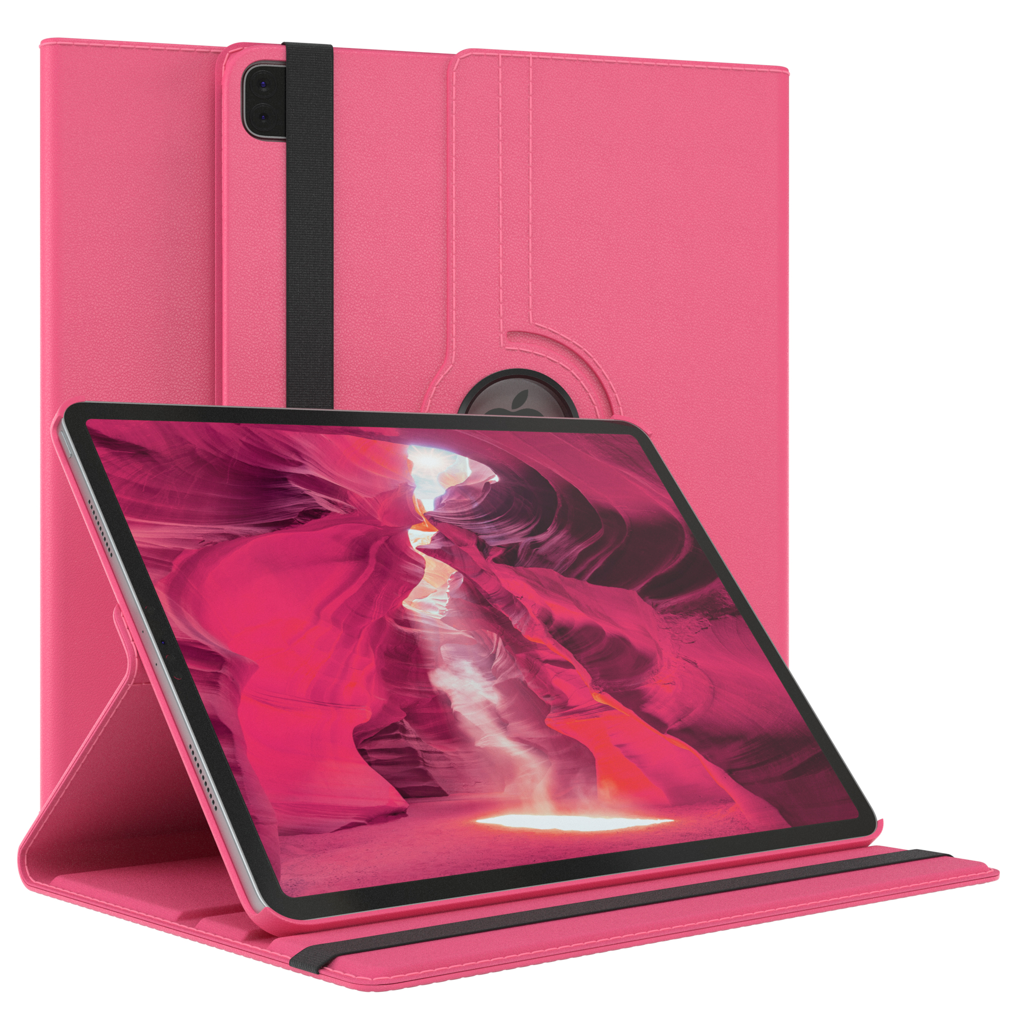 Rosa Tablet in einer Hülle mit einer Schluchtszene auf dem Bildschirm. Die Hülle ist auch rosa.