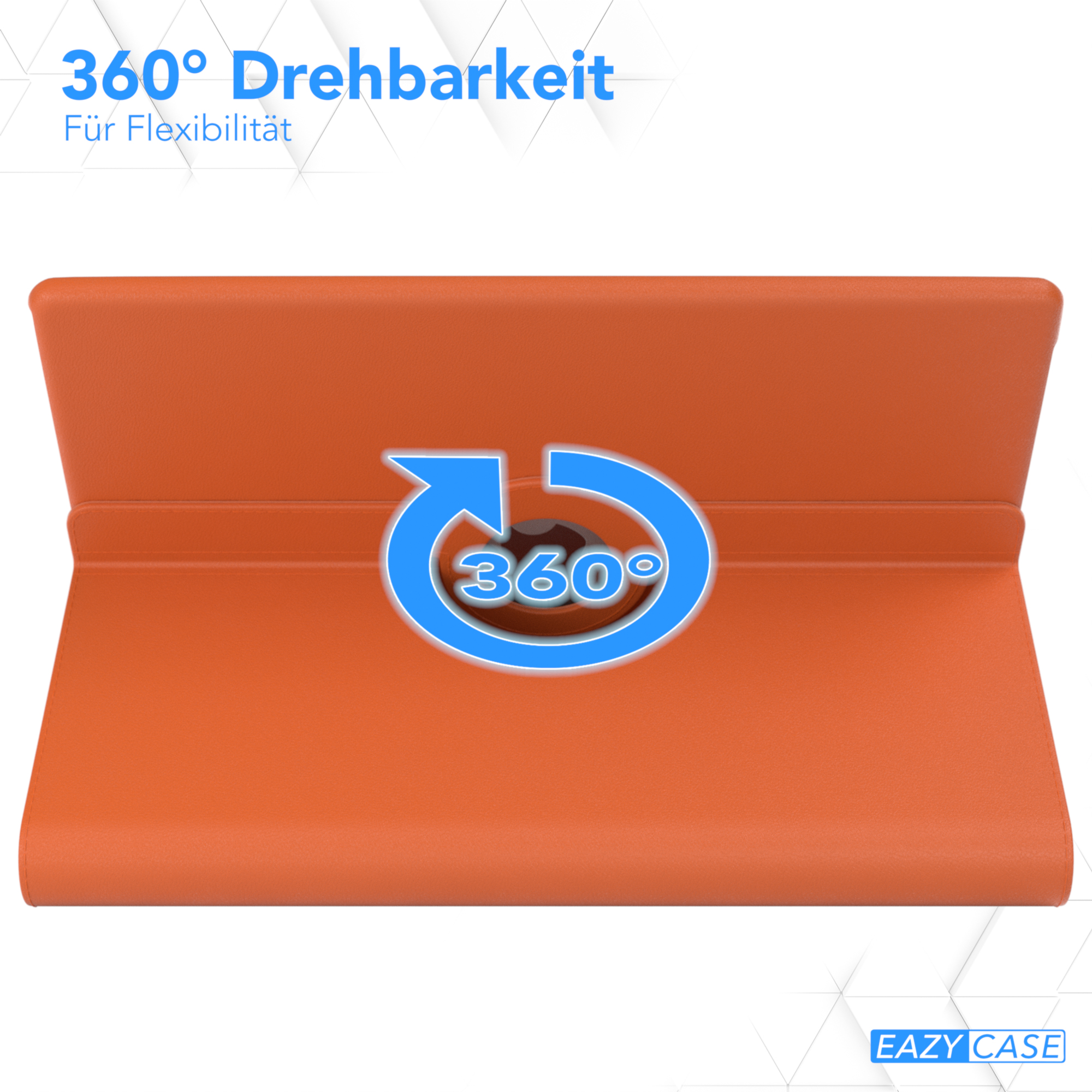Orangefarbene Tablethülle mit einer 360-Grad-Rotationspfeilgrafik.