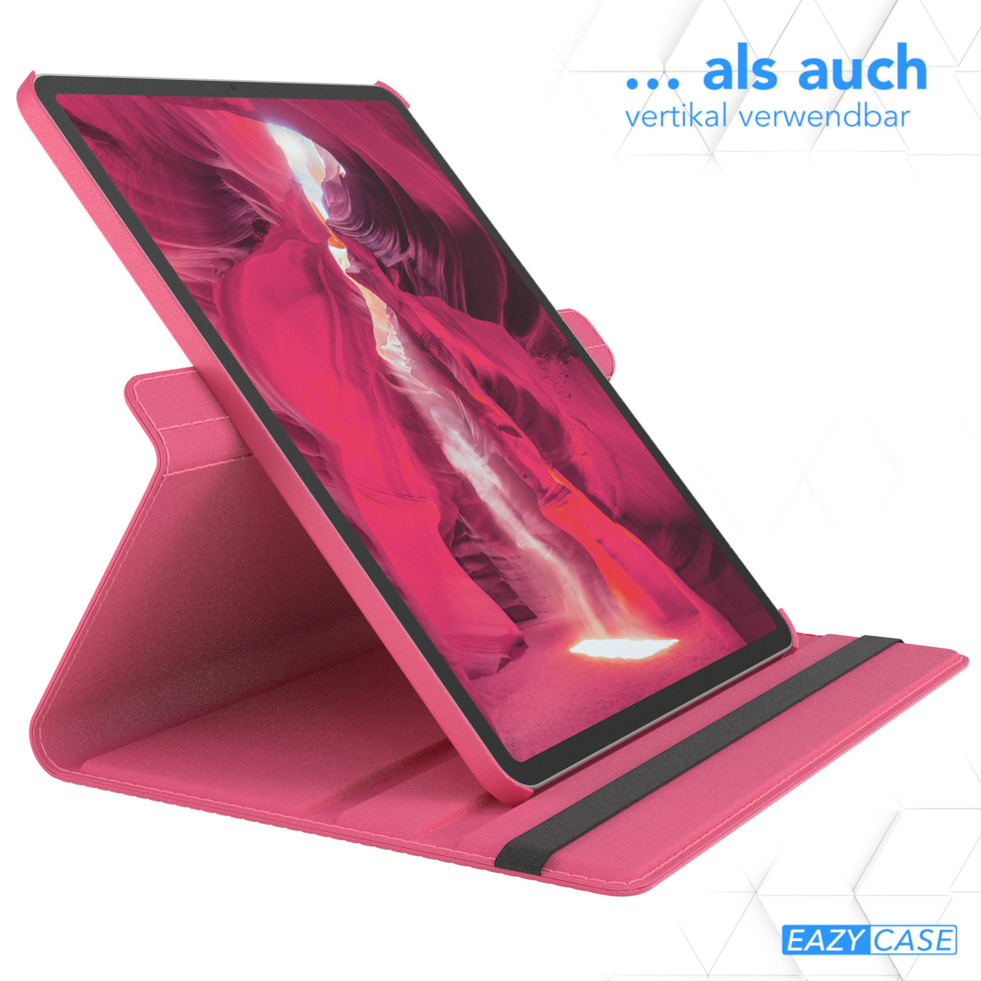 Rosa Tablet in rosa Hülle, angewinkelt, zeigt Canyon-Bild. Text: Auch vertikal verwendbar.