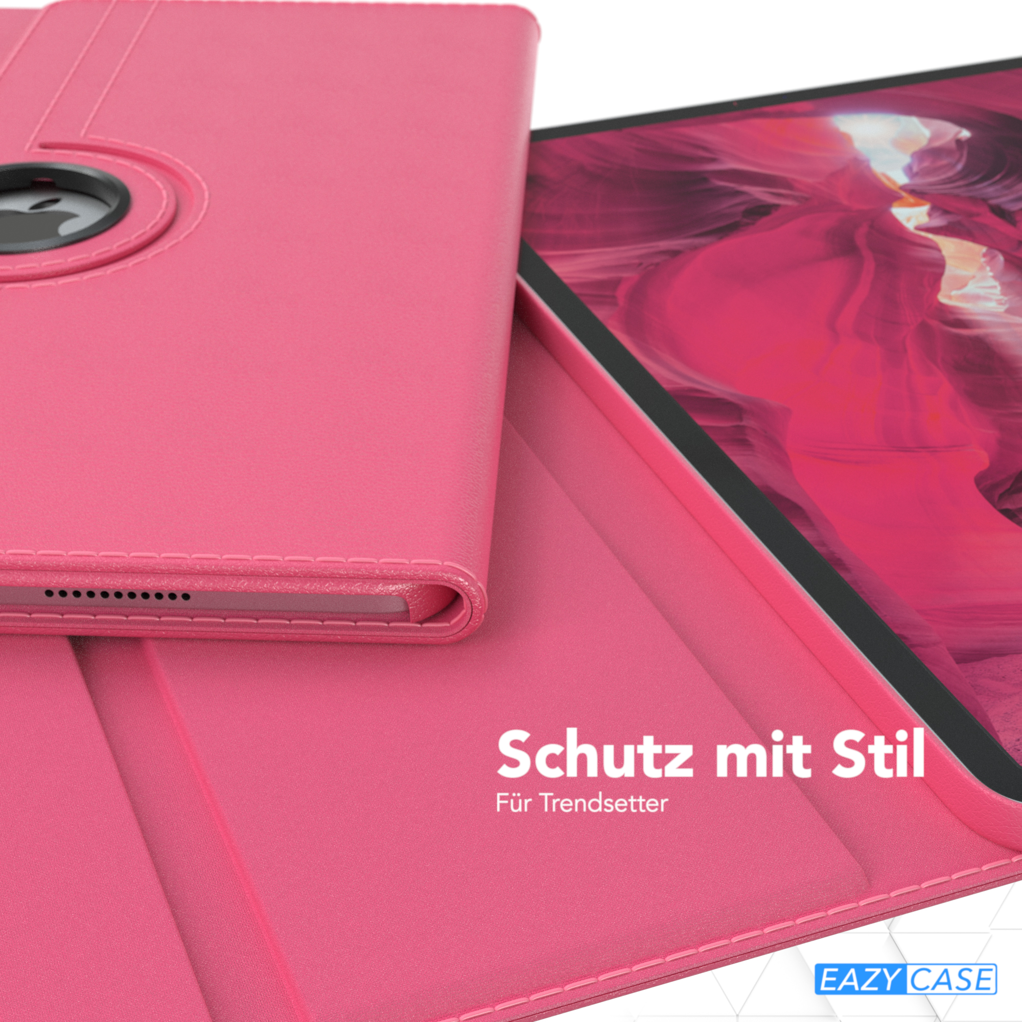 Rosa Tablethülle mit Drehscharnier und Tablet-Bildschirm mit rosa Hintergrund.