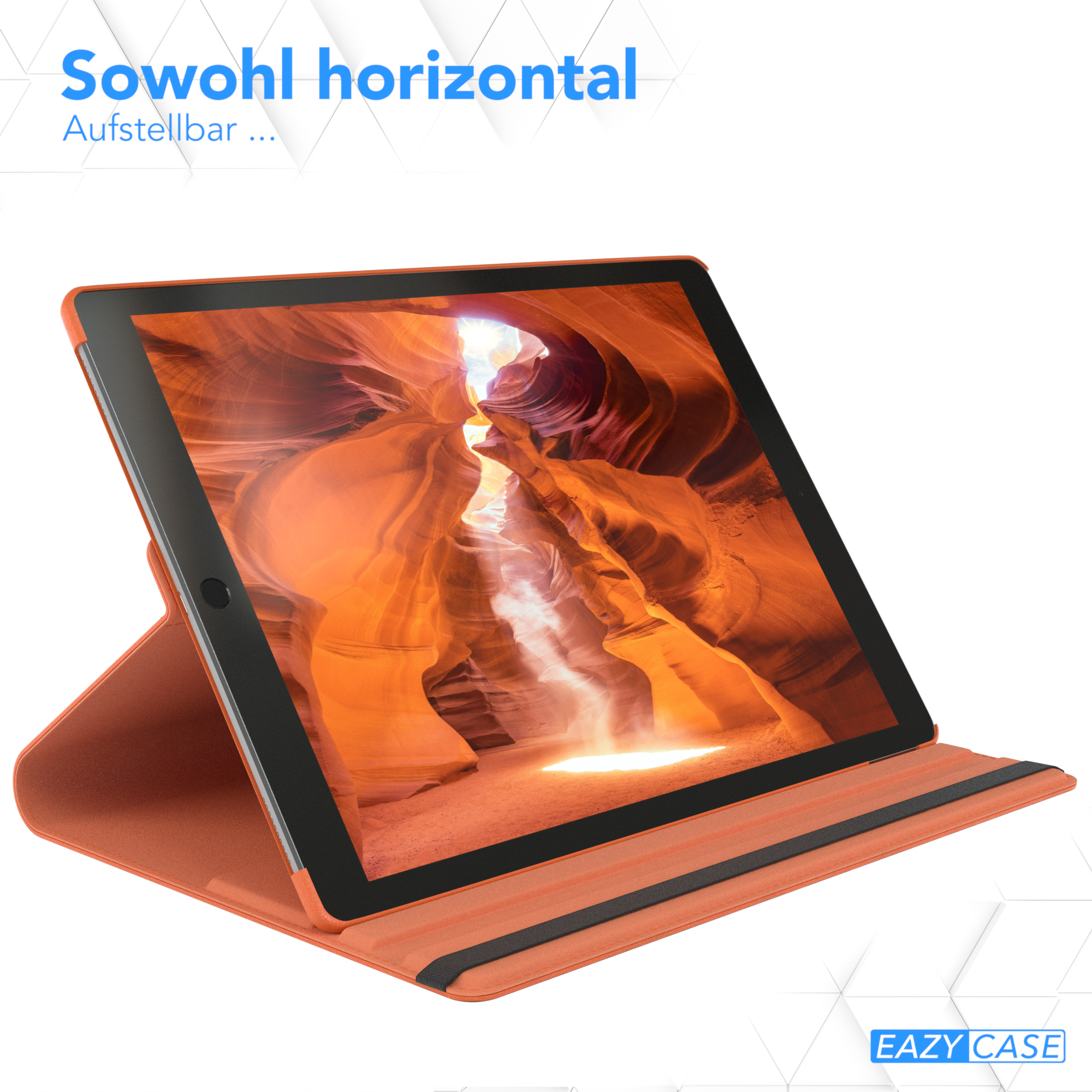 Orange Tablethülle, Tablet im Querformat. Text oben lautet 'Auch horizontal'.