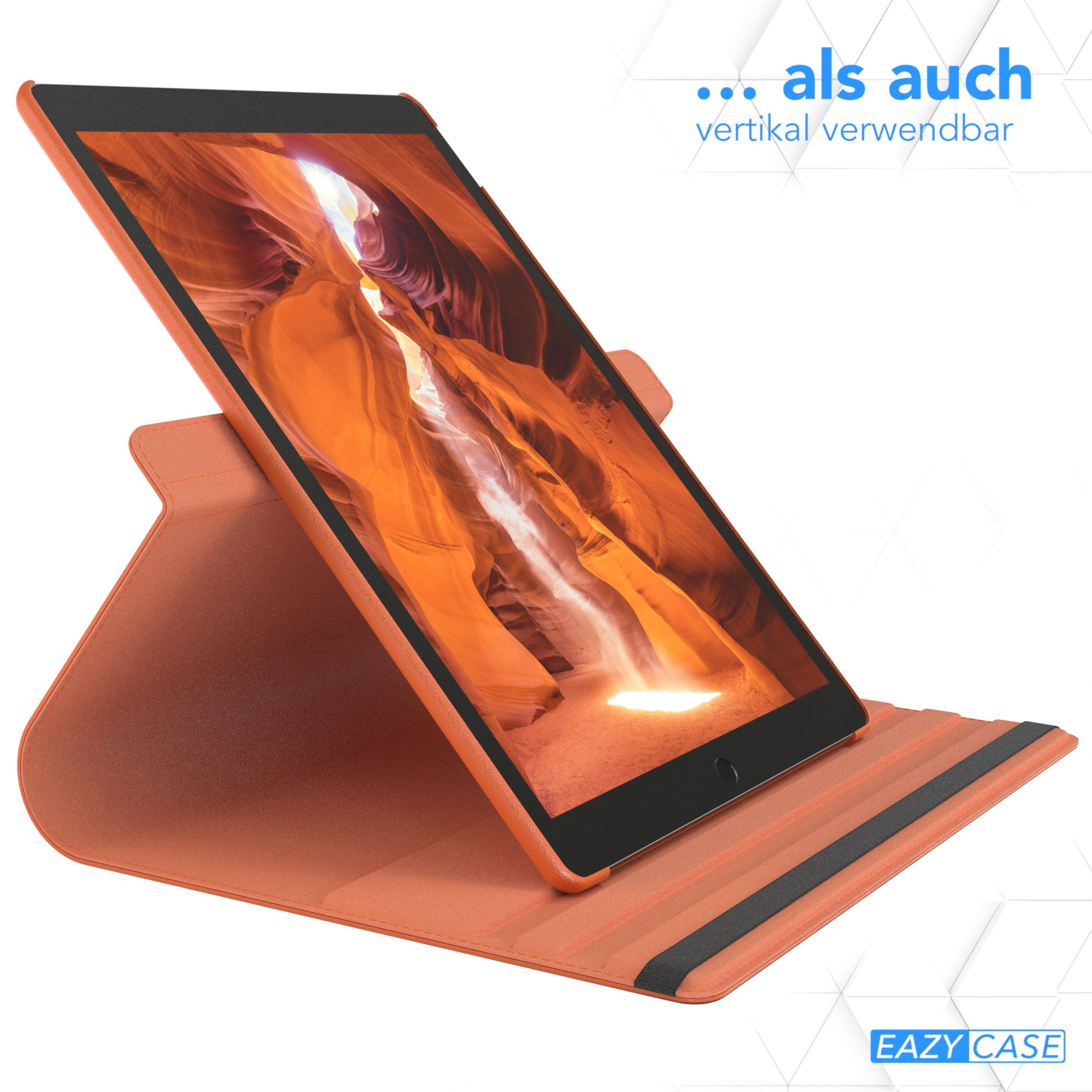 Ein Tablet in einer orangefarbenen Hülle, nach oben abgewinkelt. Ein Canyon-Hintergrundbild auf dem Bildschirm.