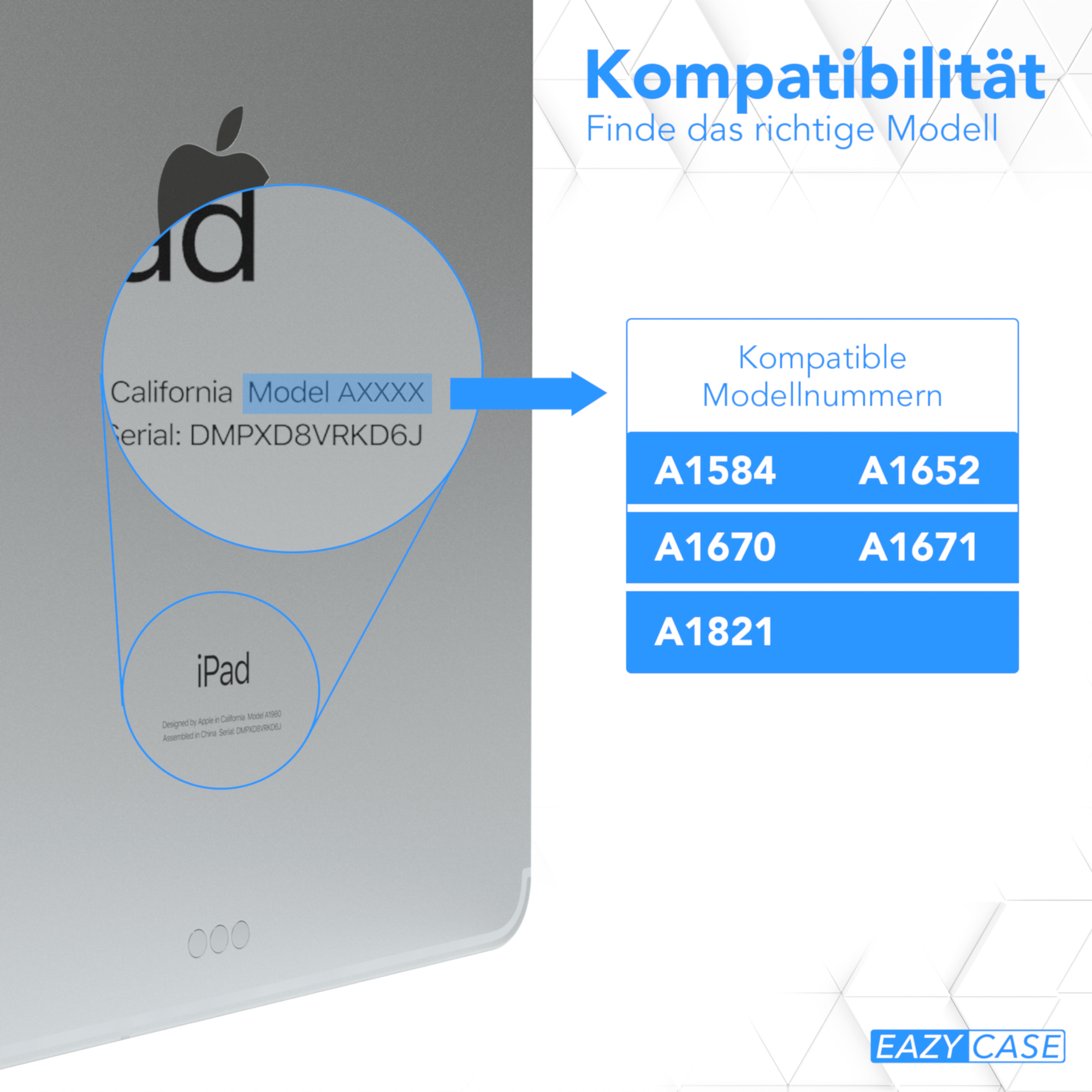 iPad mit detaillierter Seriennummer, Modellinformationen und kompatiblen Modellen auf blauem Hintergrund.