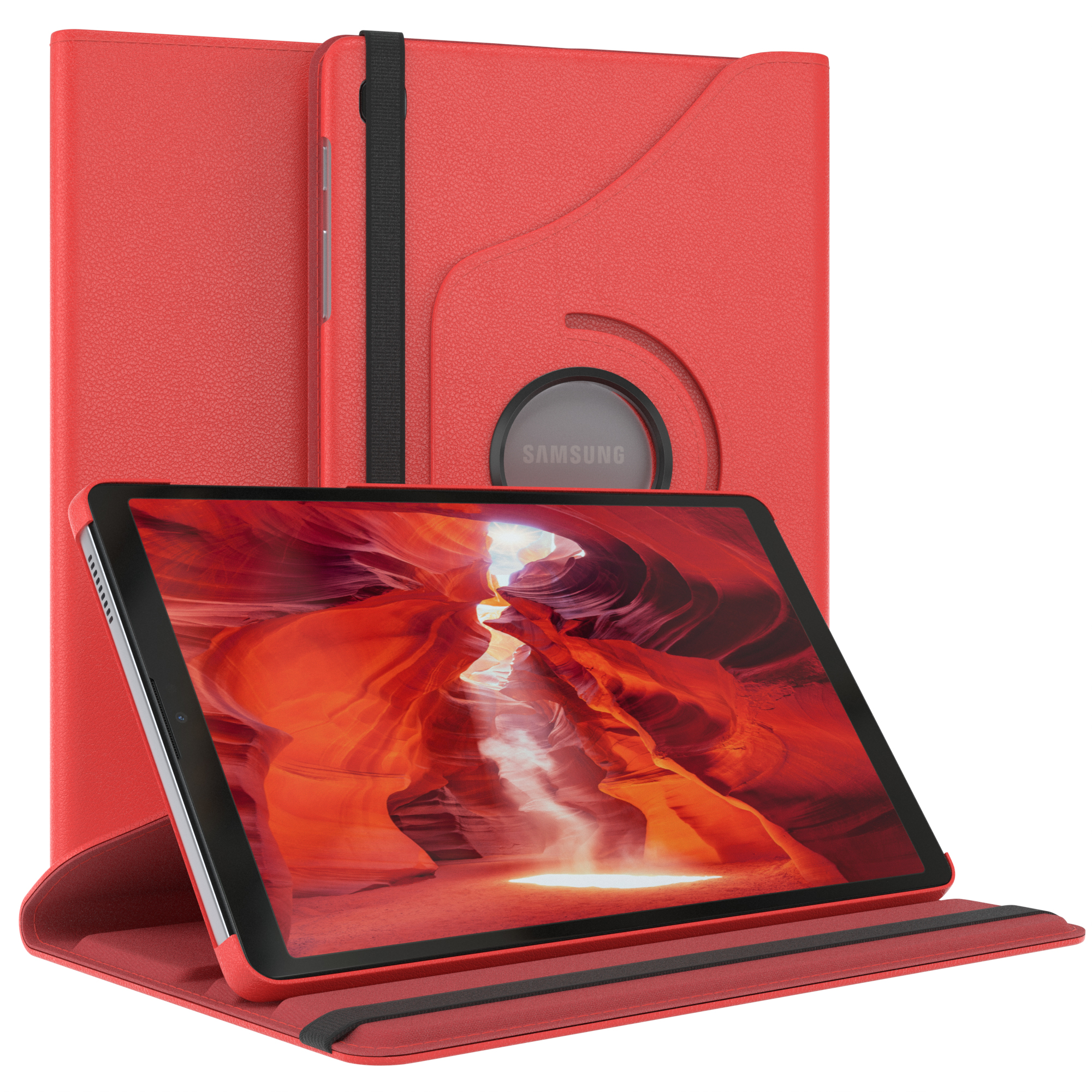 Rotes Tablet in roter Hülle. Das Tablet ist im Querformat mit Canyon-Bild.