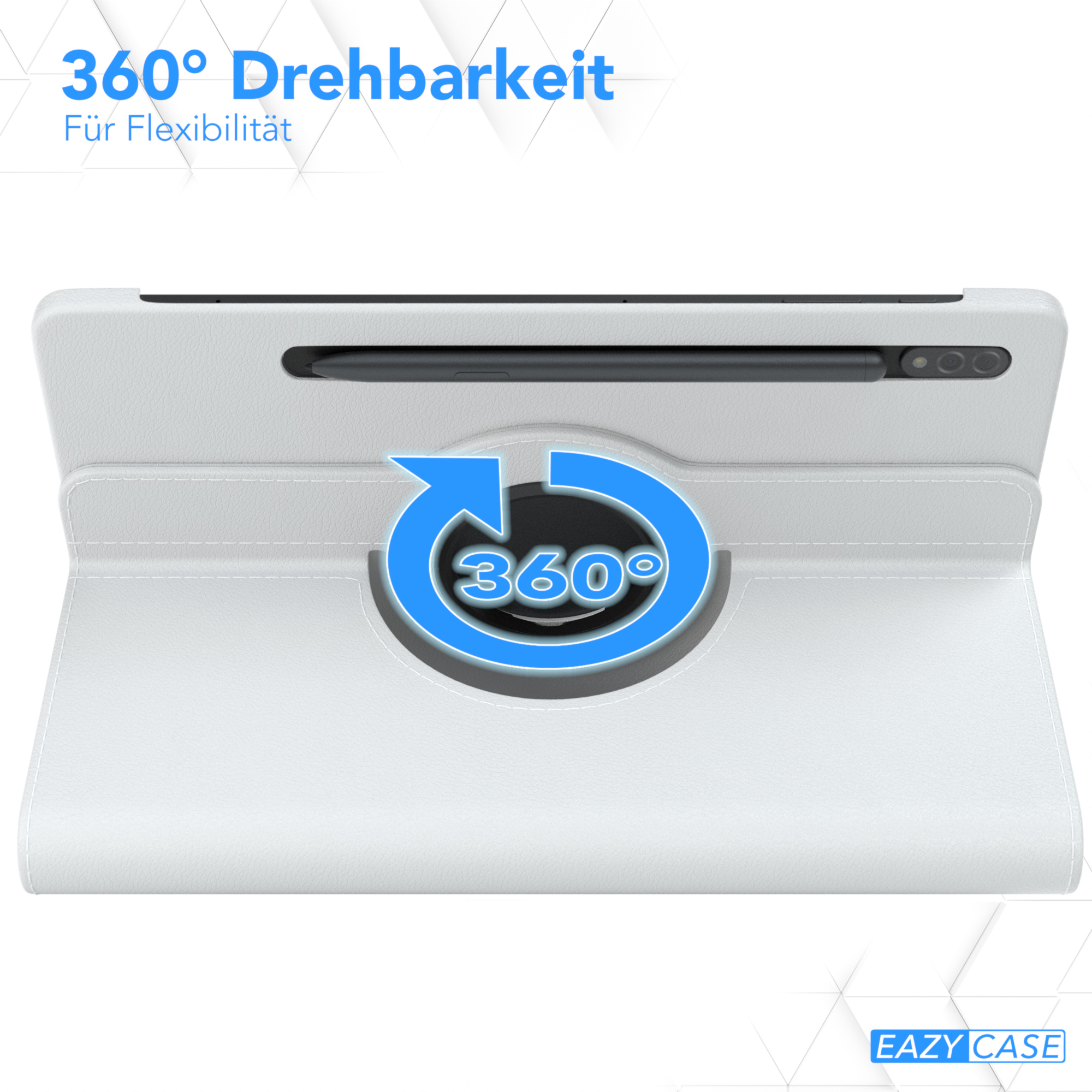 Eine weiße Tablethülle mit Drehmechanismus und Stift, mit 360°-Pfeil.