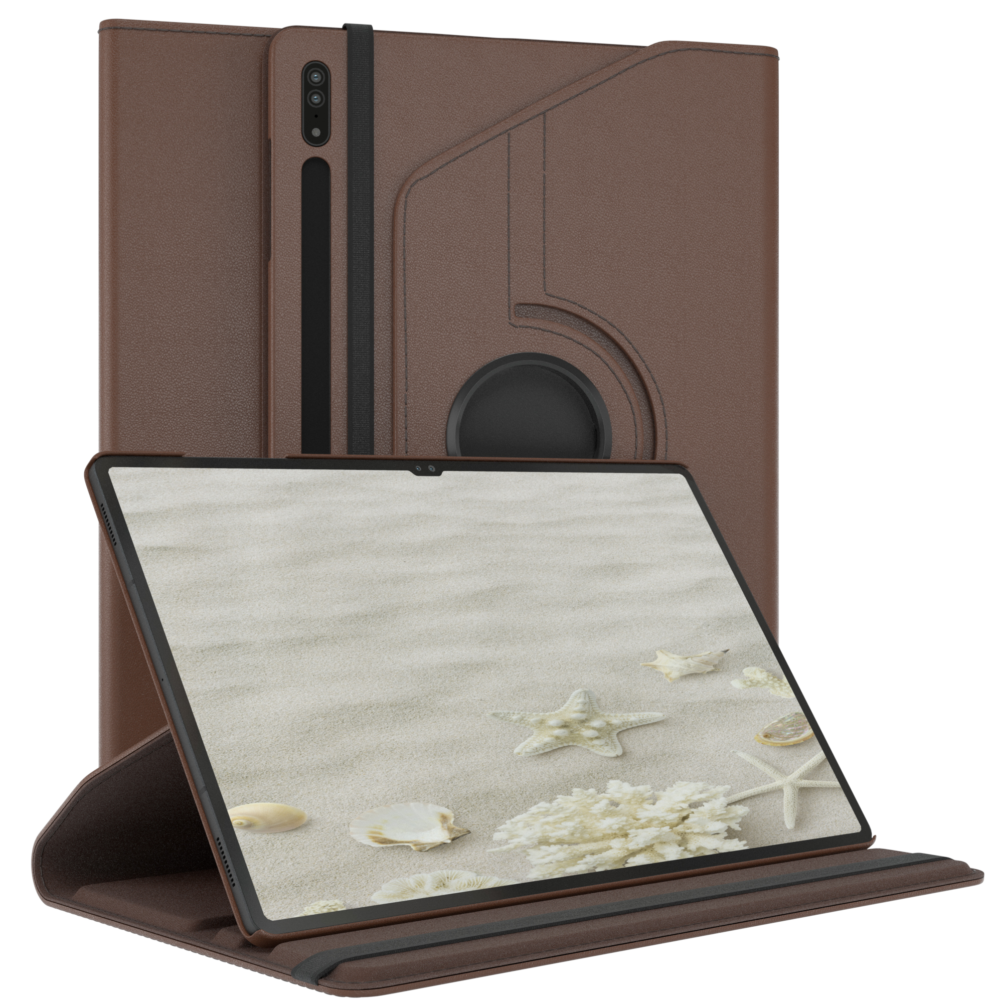 Braune Tablethülle mit Tablet, das Strand mit Muscheln zeigt. Schwarzer Riemen.