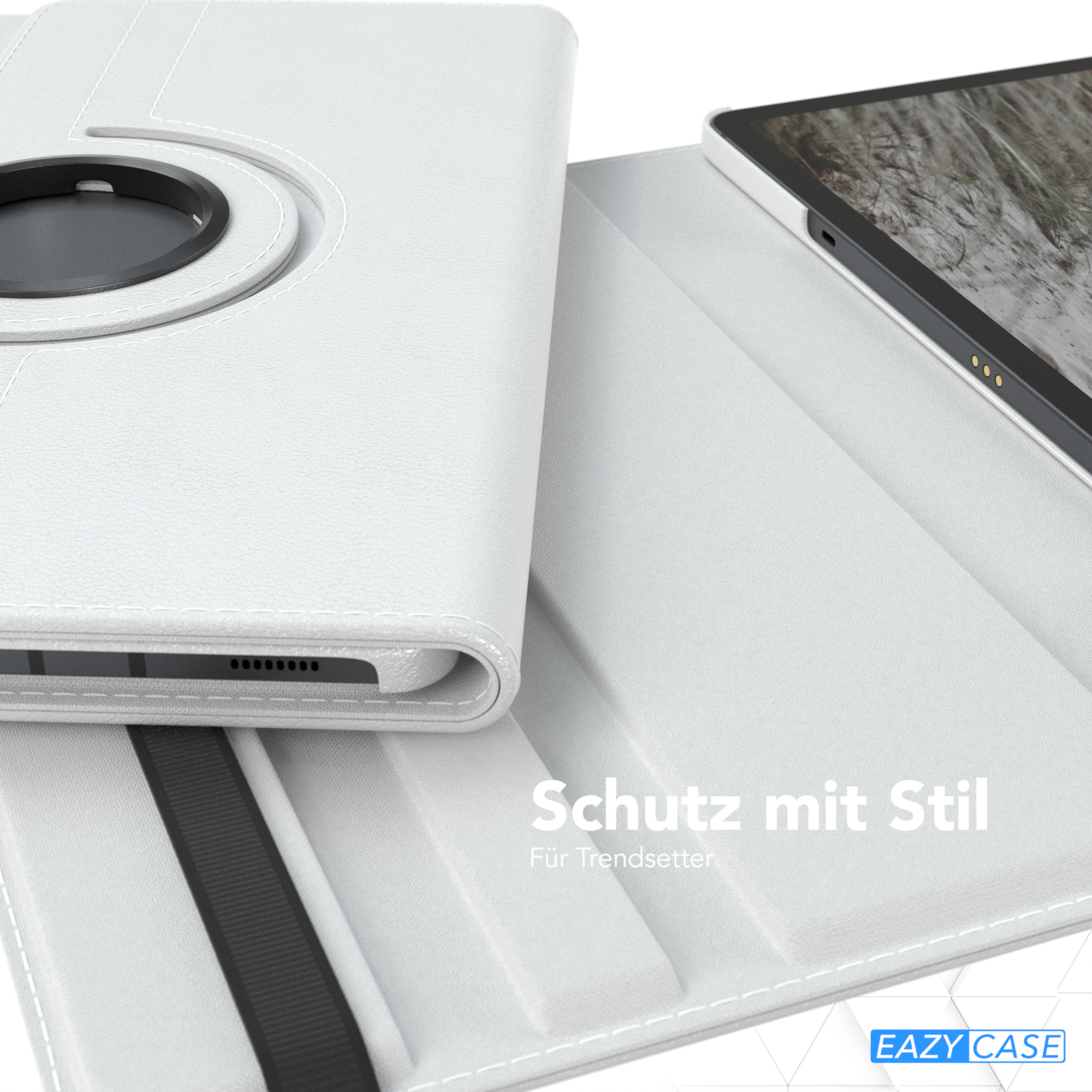 Geöffnete weiße Tablet-Hülle mit Tablet und schwarzem Gurt.