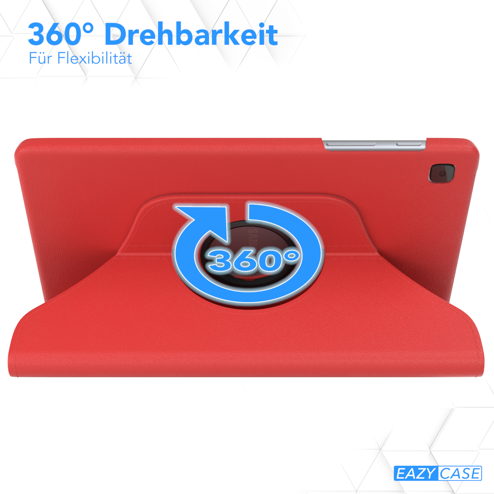 Eine rote Tablethülle mit 360-Grad-Drehfunktion wird auf einer weißen Oberfläche gezeigt.