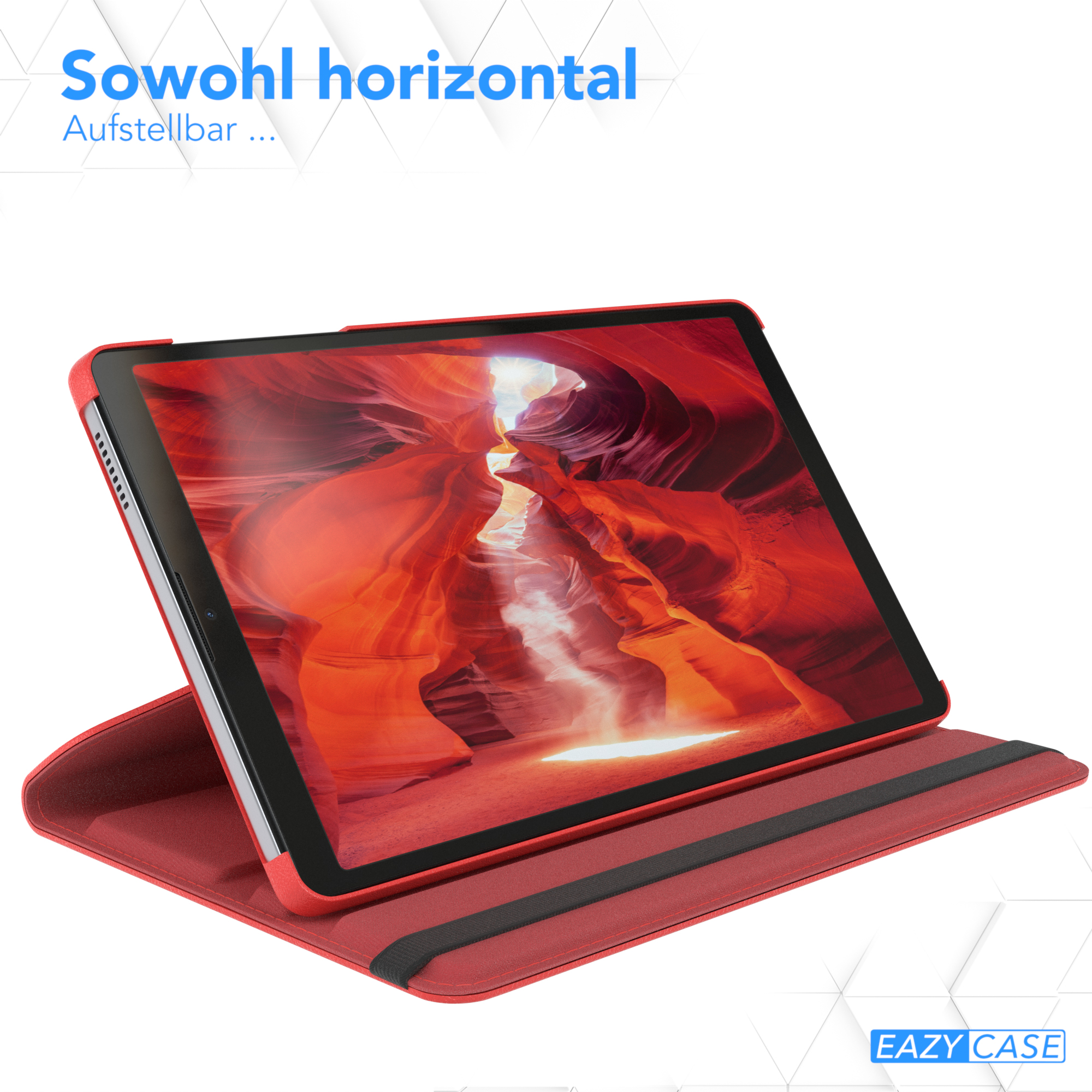 Rotes Tablet in roter Hülle. Text: 'Sowohl horizontal'.