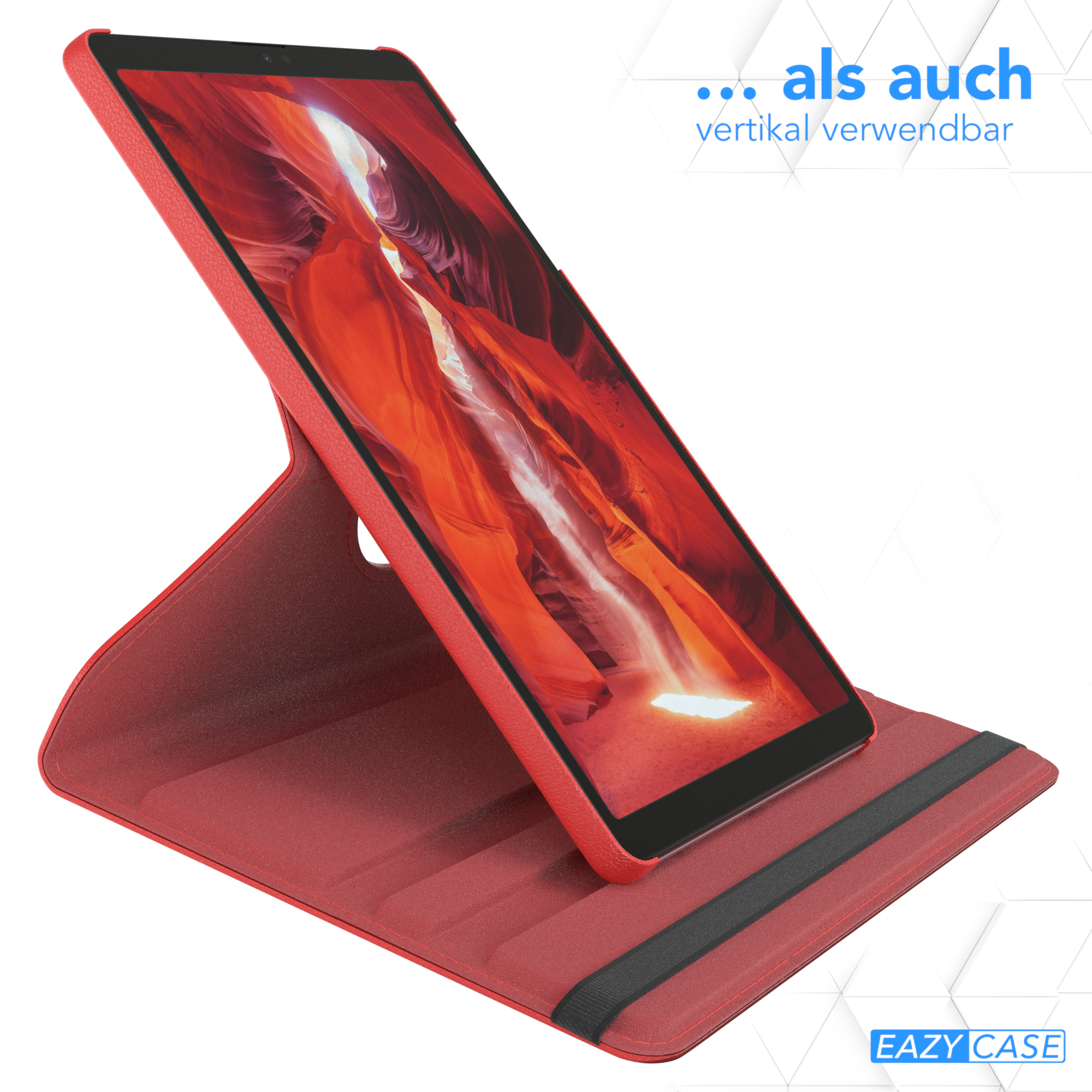 Rotes Tablet in rotem Ständer, abgewinkelt. Text oben sagt, dass es vertikal verwendet werden kann.
