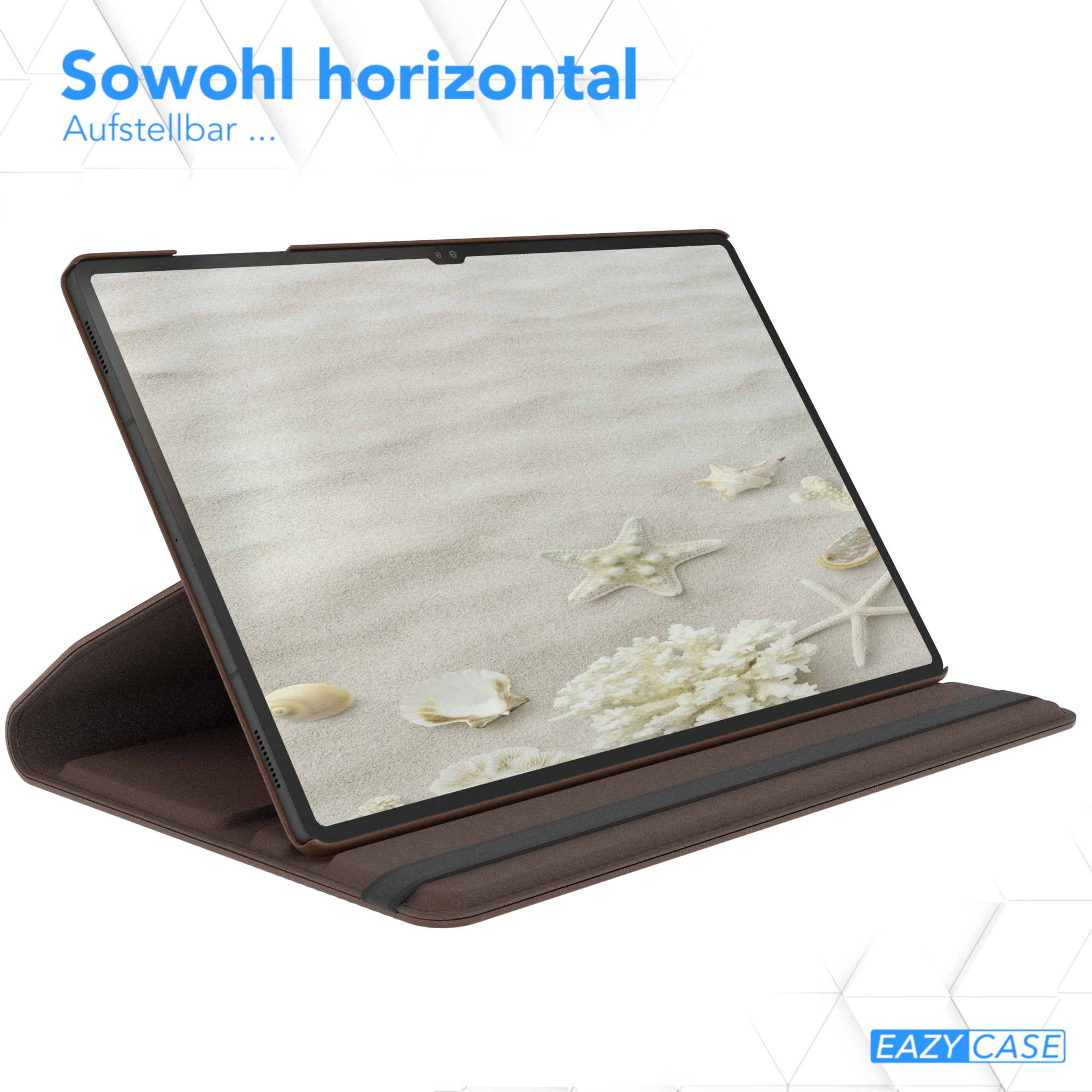 Tablet mit Strandmotiv in brauner Hülle. Text: 'Sowohl horizontal'.