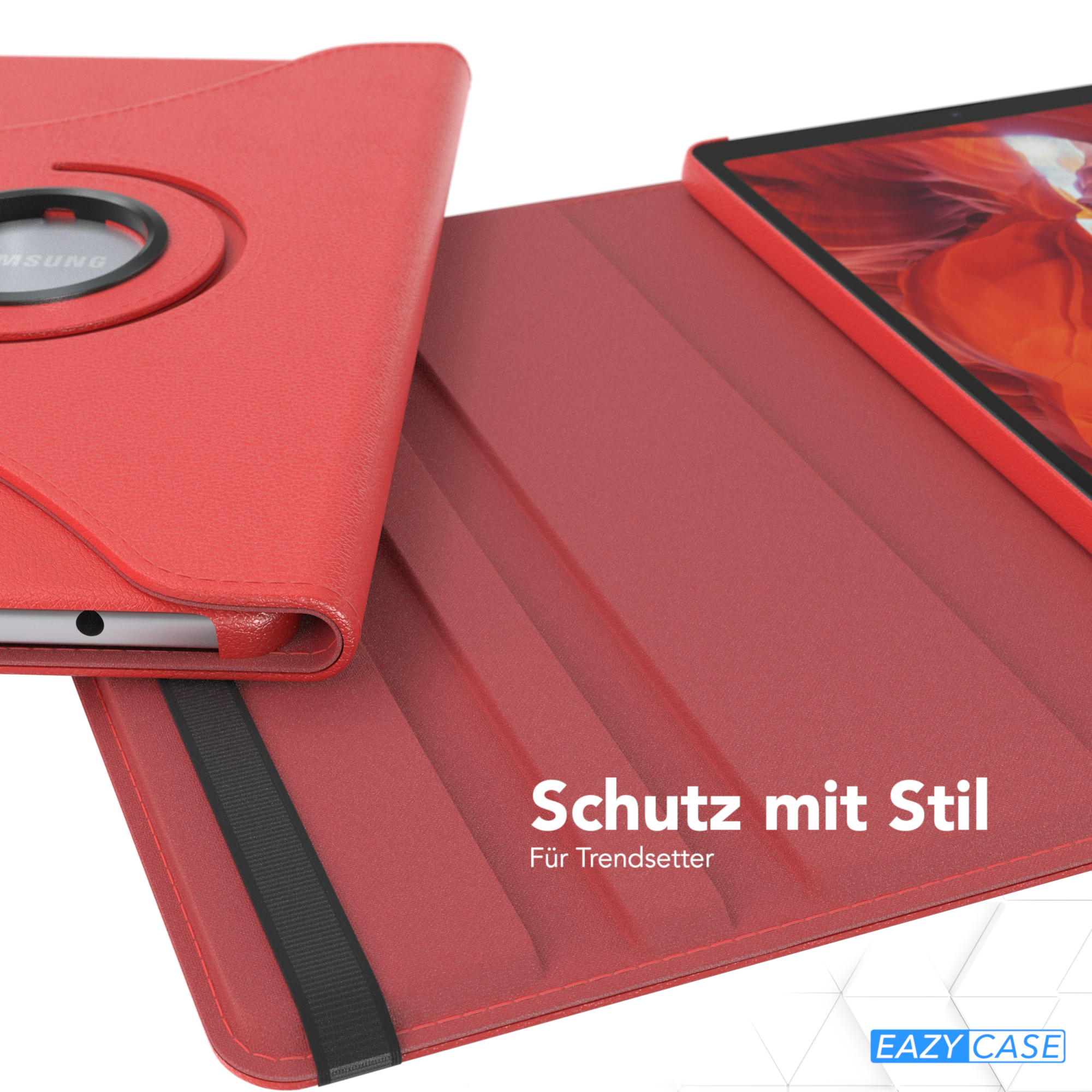 Eine rote Tablet-Hülle liegt auf einem Tisch. Das Tablet ist rot.